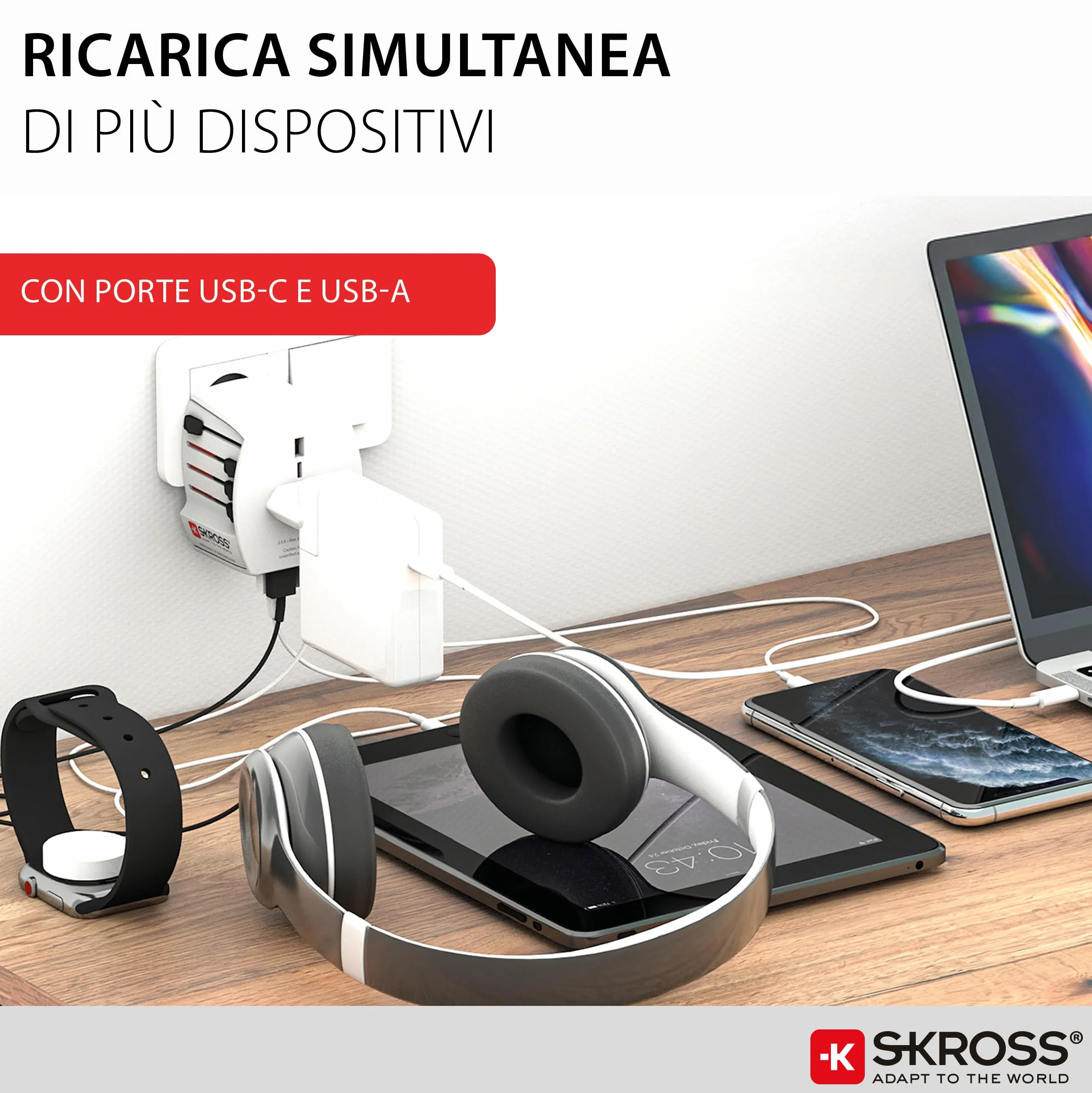 SKROSS | 1.302962 | MUV USB (AC) | Universele 2-pins reisadapter met 2 USB. Spanning en vermogen: 100V - 250W / 250V - 625W - 1 x USB C: 3,0A, 1 x USB A: 2,4A. Bescherming tegen elektrische schokken