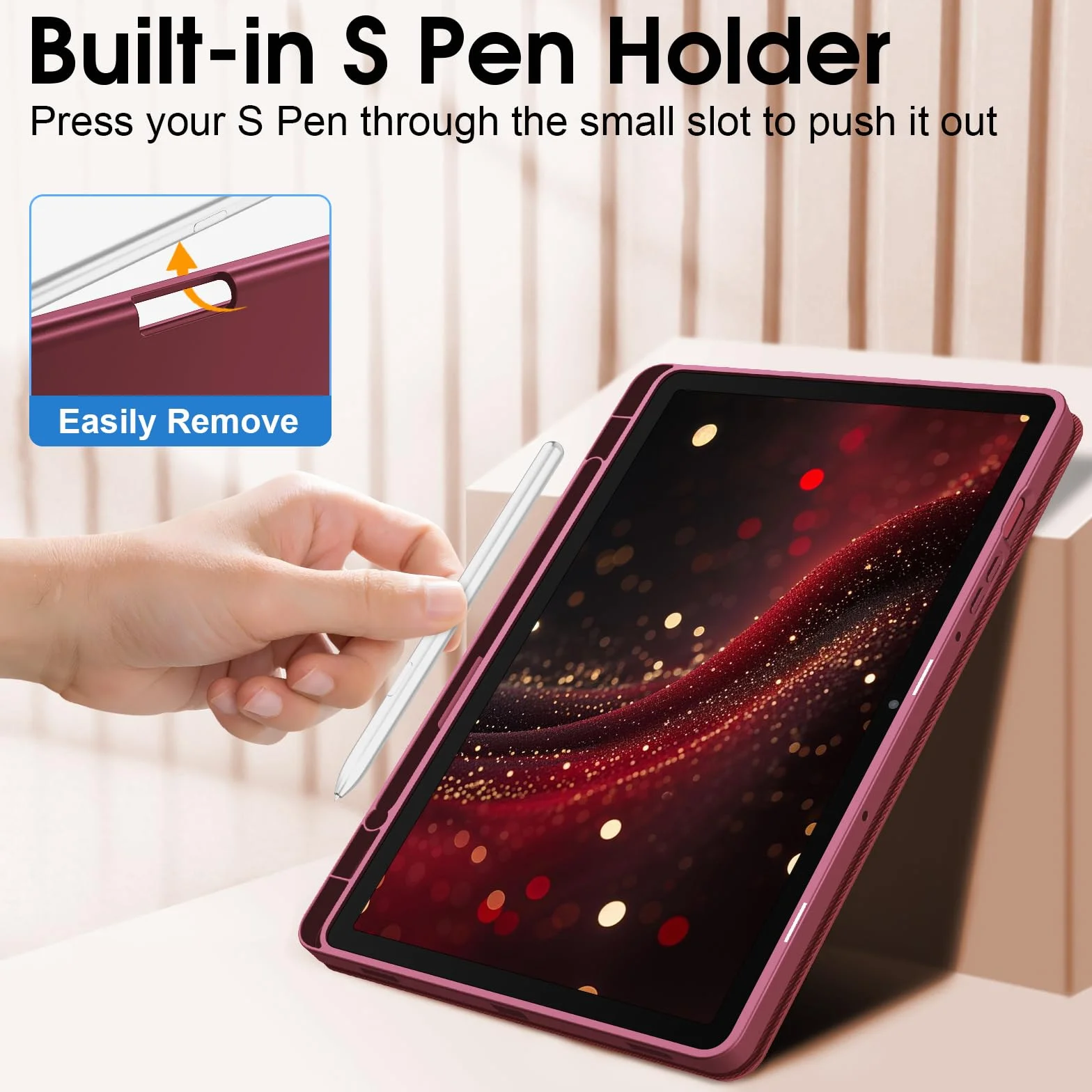 FINTIE Etui do Samsung Galaxy Tab S10 Lite/ S10 FE 2025/ S9 FE 10,9 cala / S9 11 cali z uchwytem na długopis S, smukły stojak pod wieloma kątami z miękką tylną obudową TPU, wino