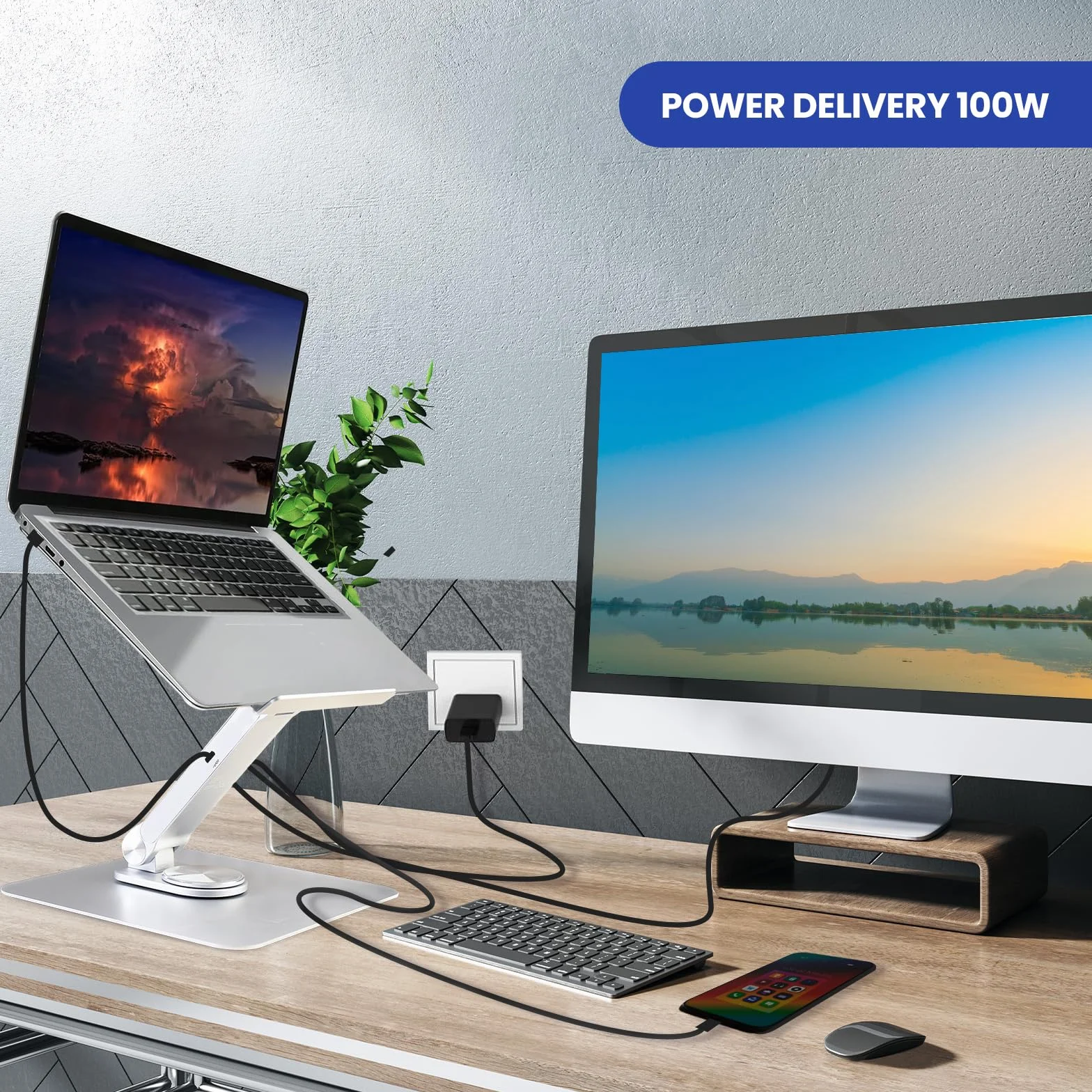 Ewent Stojak na laptopa ze stopu aluminium, stojak do stacji dokującej 7 w 1 z kablem USB-C, ergonomiczne podnoszenie laptopa z regulacją wysokości z obrotem o 360°, antypoślizgowa podstawa