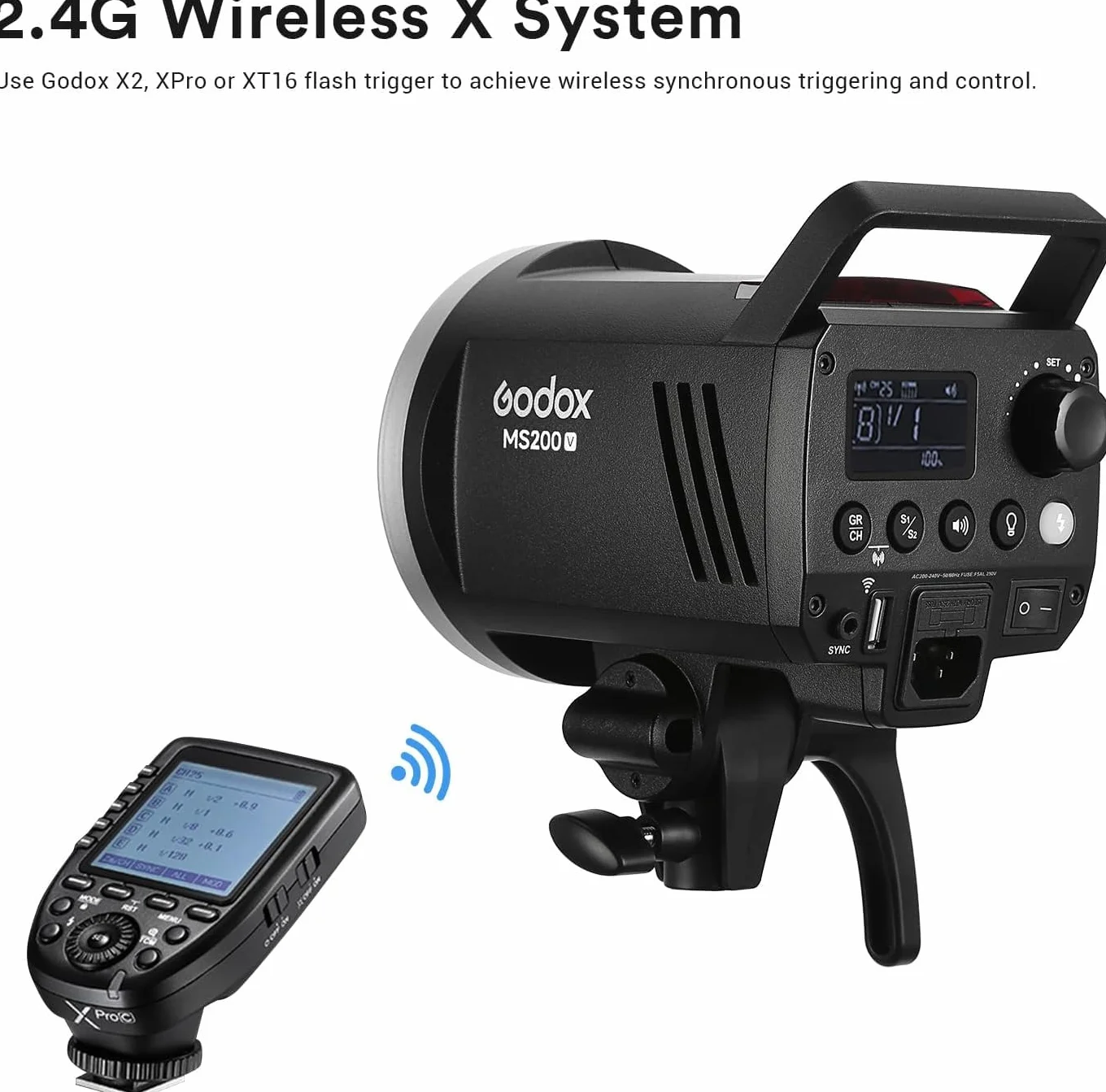 Godox MS200V lampa błyskowa studyjna z ulepszoną lampą modelującą LED, 200W GN53 Bowens Mount Monolight, lekka i przenośna, 2,4G Wireless X System Studio Strobe do fotografii portretowej w studio