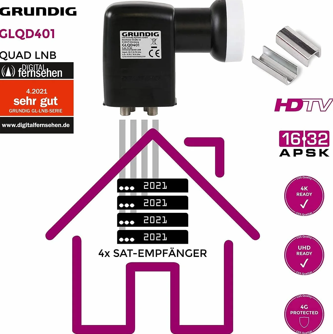 Test 2x bardzo dobry *] GSS Quad LNB, ekranowanie LTE, cyfrowy 4K LNB dla 4 odbiorników, do telewizora, odbiornika satelitarnego, HD LNC do anteny satelitarnej, anteny satelitarnej, lustra, 0,1 dB