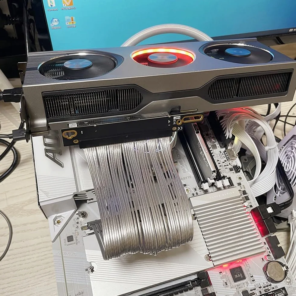 Kabel przedłużający do karty graficznej PCIe 5.0 X16 GPU PCI-E 5.0 Gen5 64 GB/S posrebrzany kabel kątowy 90° 15 cm