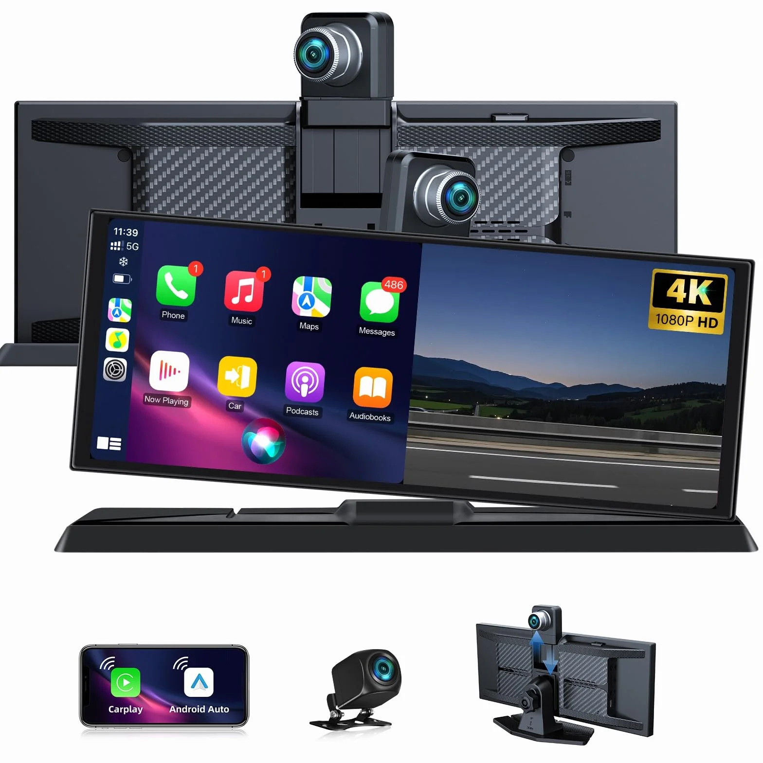 11,3 cala ekran samochodowy z Androidem samochodem z uchwytem, obracany o 350° 4K ekran samochodowy bezprzewodowy podwójny Bluetooth Siri G-oogle
