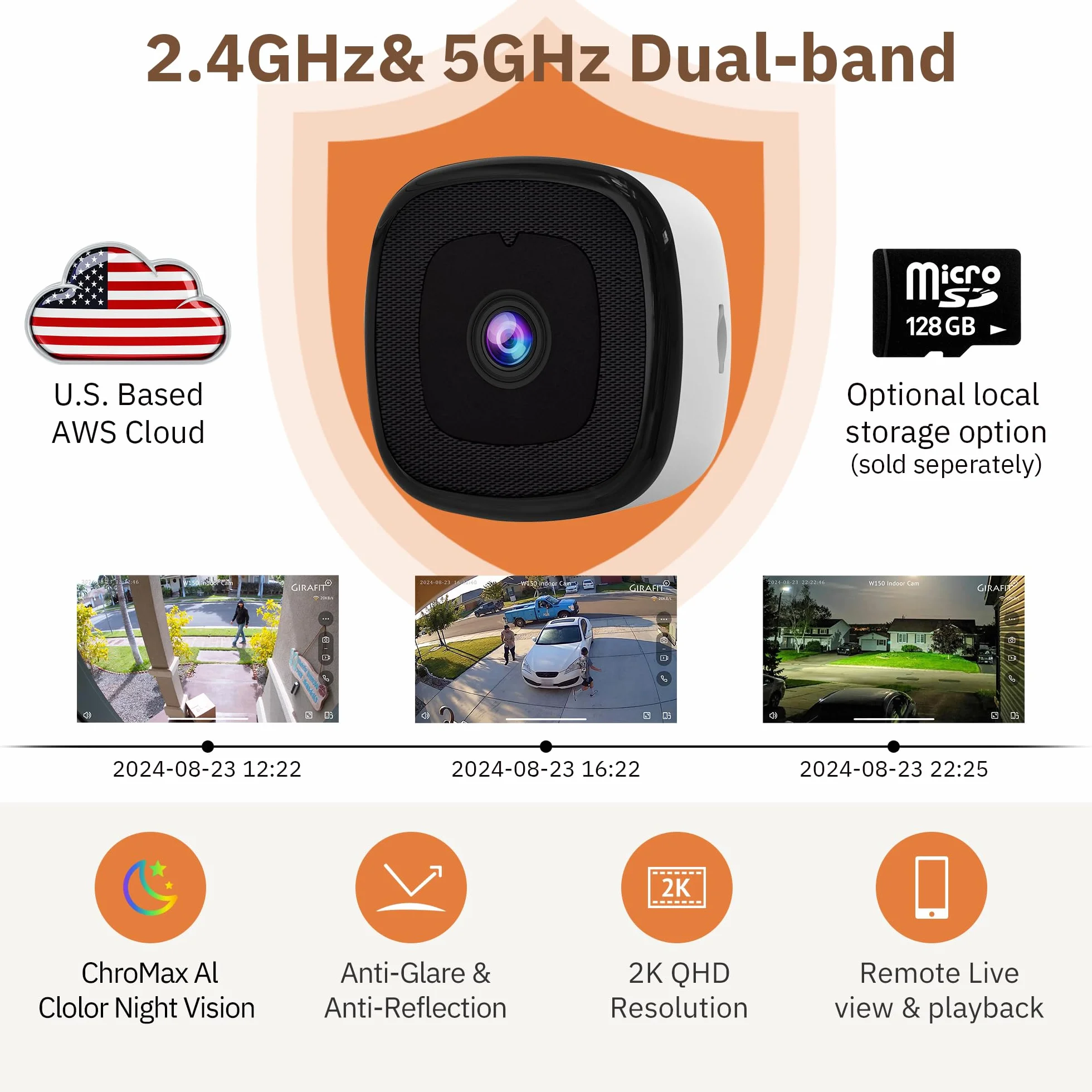 Girafit Kamera okienna 3 MP 2K, kamery WiFi 2,4 GHz 5 GHz do bezpieczeństwa w domu, 2-pak ChroMax w kolorze noktowizora, wykrywanie osoby i ruchu, nagrywanie 24/7,