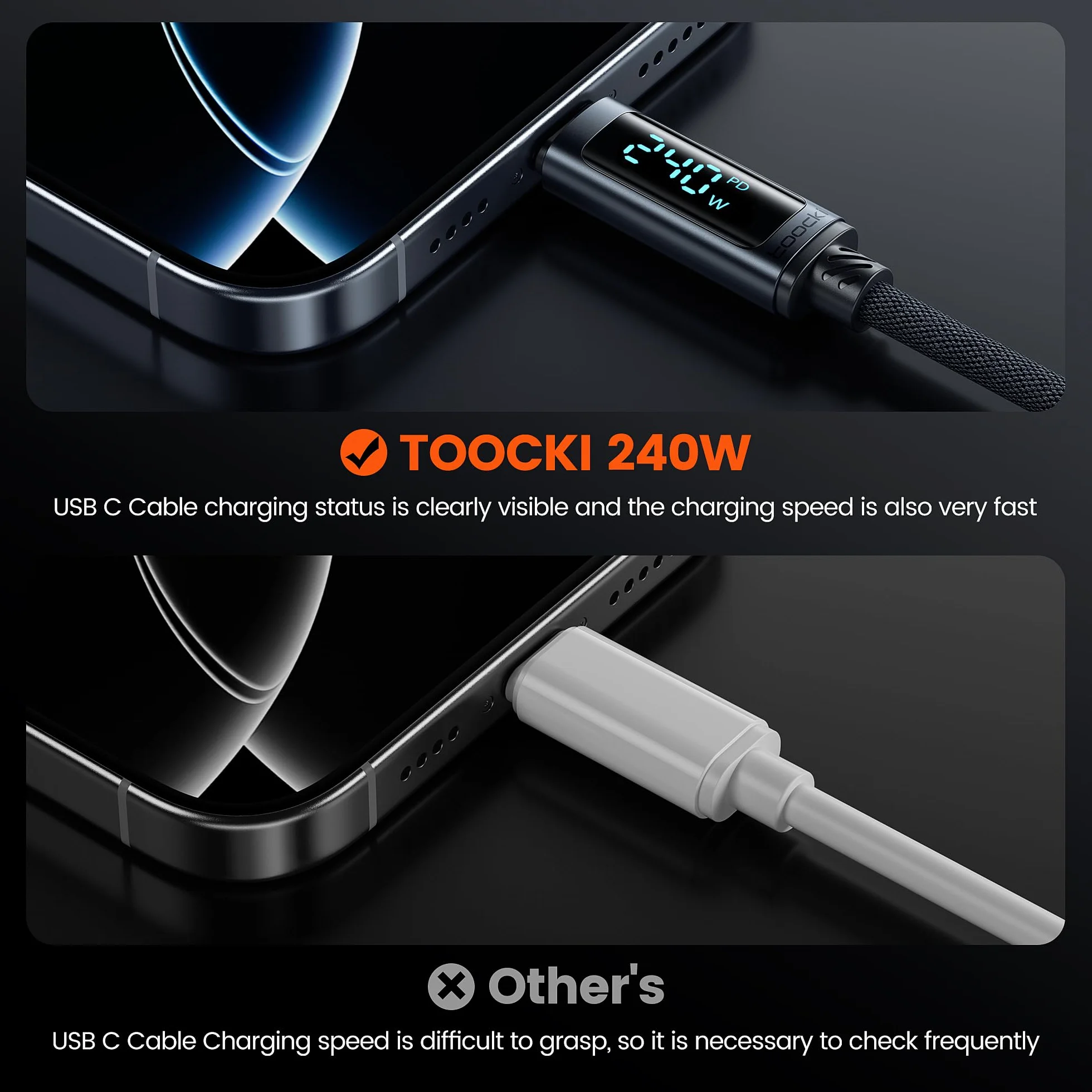 toocki Kabel USB-C 1M 240W z LED. Kompat. z iPhone 16/15 Pro Max, iPad Pro, Galaxy S24/S23, Switch, MacBook Air, Pixel.
