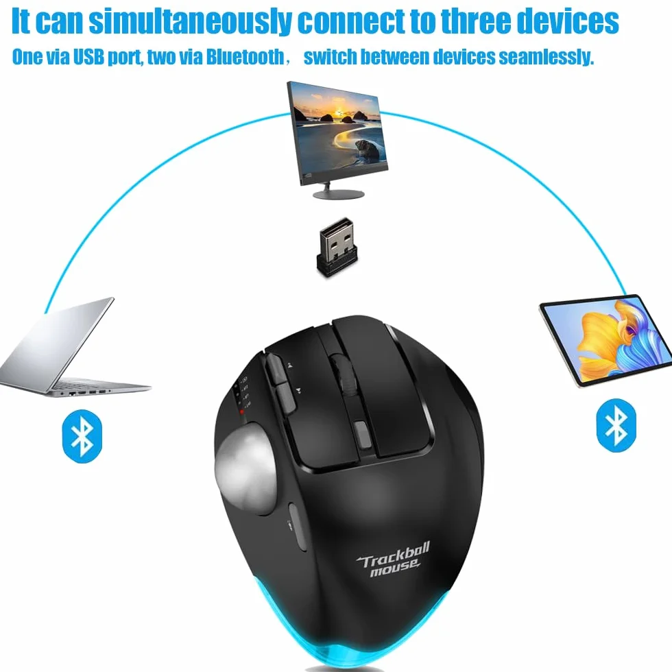 Bezprzewodowa mysz trackballowa, mysz Bluetooth, ładowalna, sterowanie kciukiem, 3 urządzenia, 4800 DPI, 8 klawiszy, ergonomiczna mysz bezprzewodowa do laptopa, komputera, tabletów