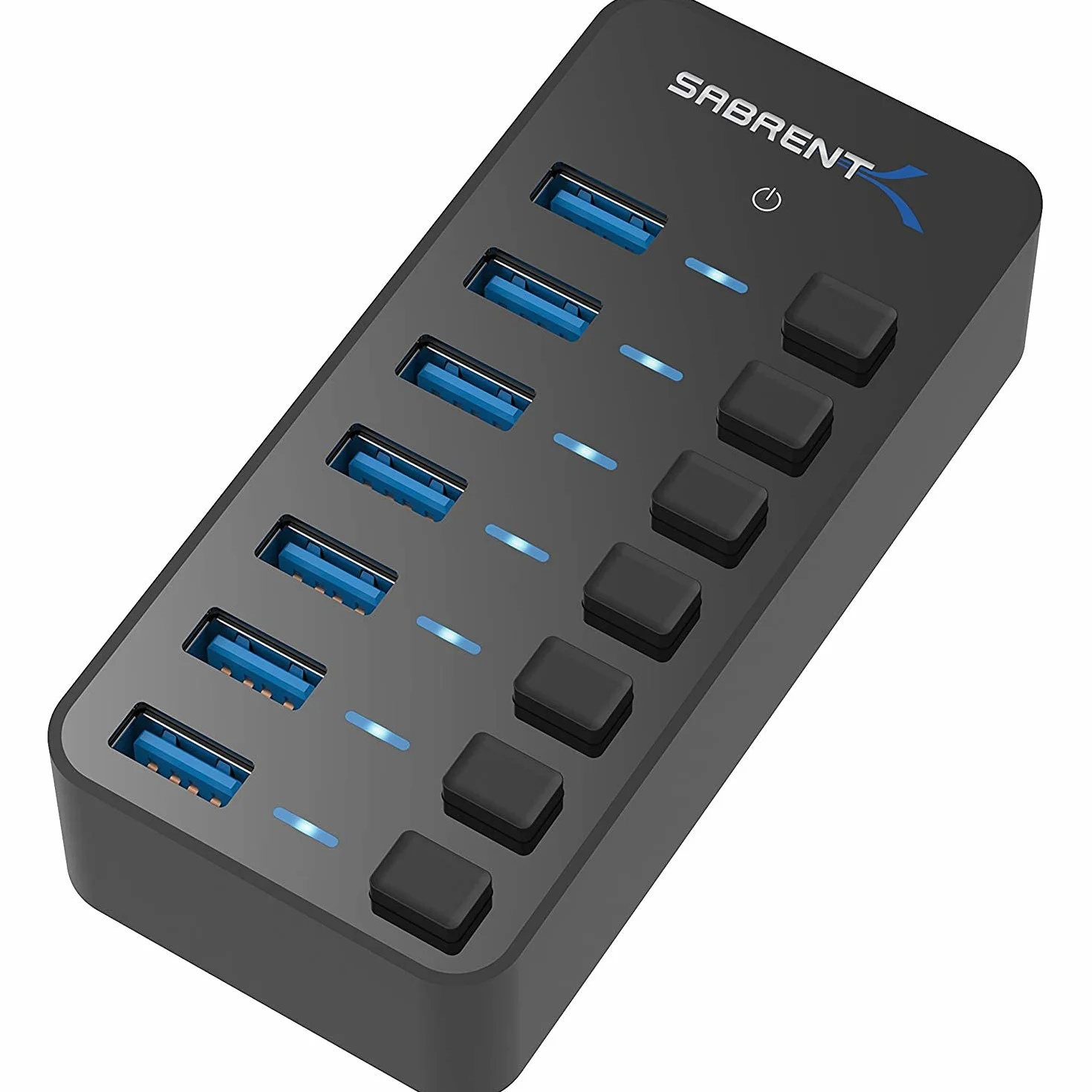 SABRENT Koncentrator USB Zasilany, Stacja Dokująca 3.2 z 7 Portami, Adapter 5V/3A 36W, Wieloportowy z Przełącznikami i Indywidualnymi Diodami LED (HB-BUP7) | Pojedyncze przełączniki zasilania + diody LED; zawiera zasilacz 36 W 12 V/3 A