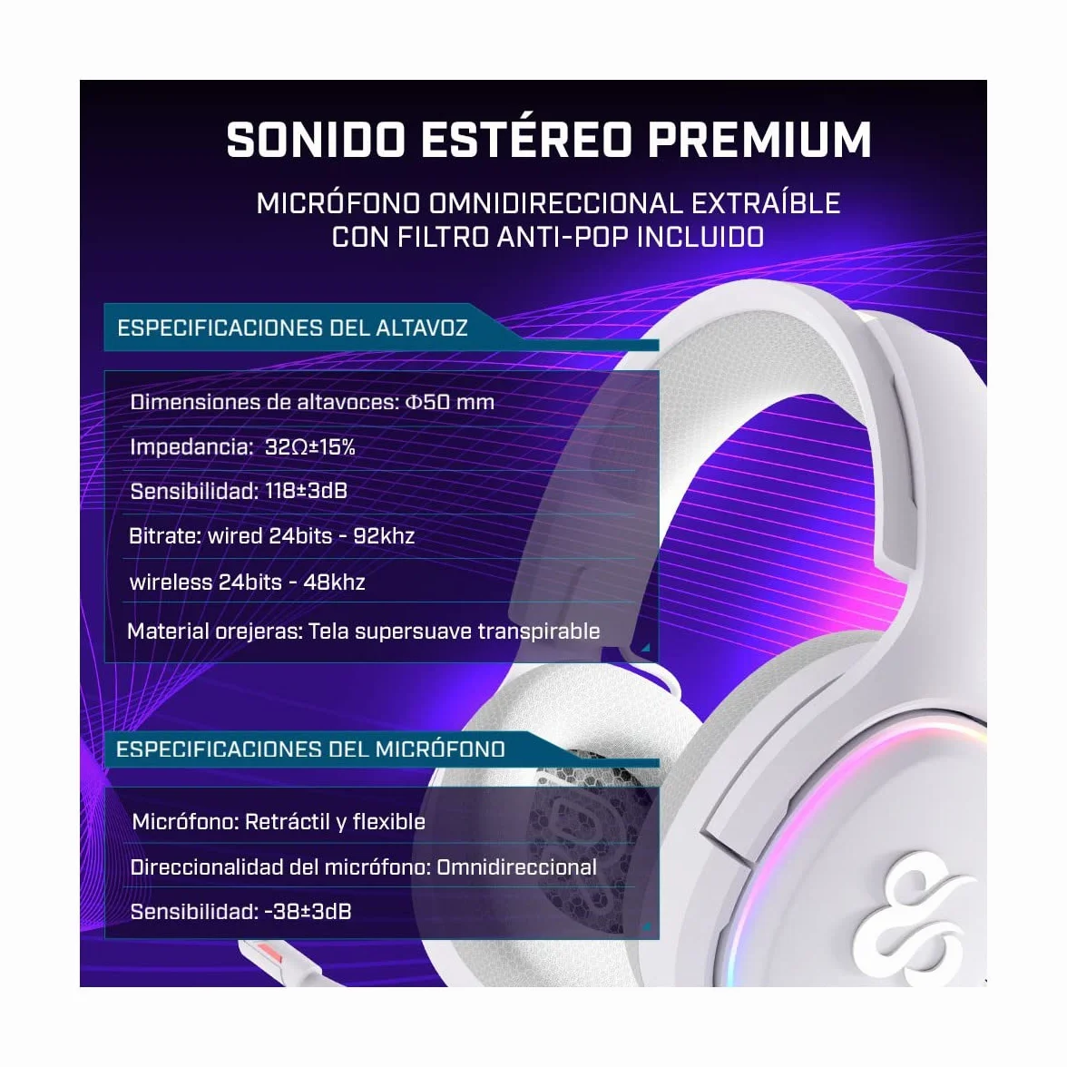 NEWSKILL Aton Ivory | Bezprzewodowy zestaw słuchawkowy do gier RGB | 2,4 Ghz | Bluetooth 5.0 | Wieloplatformowy