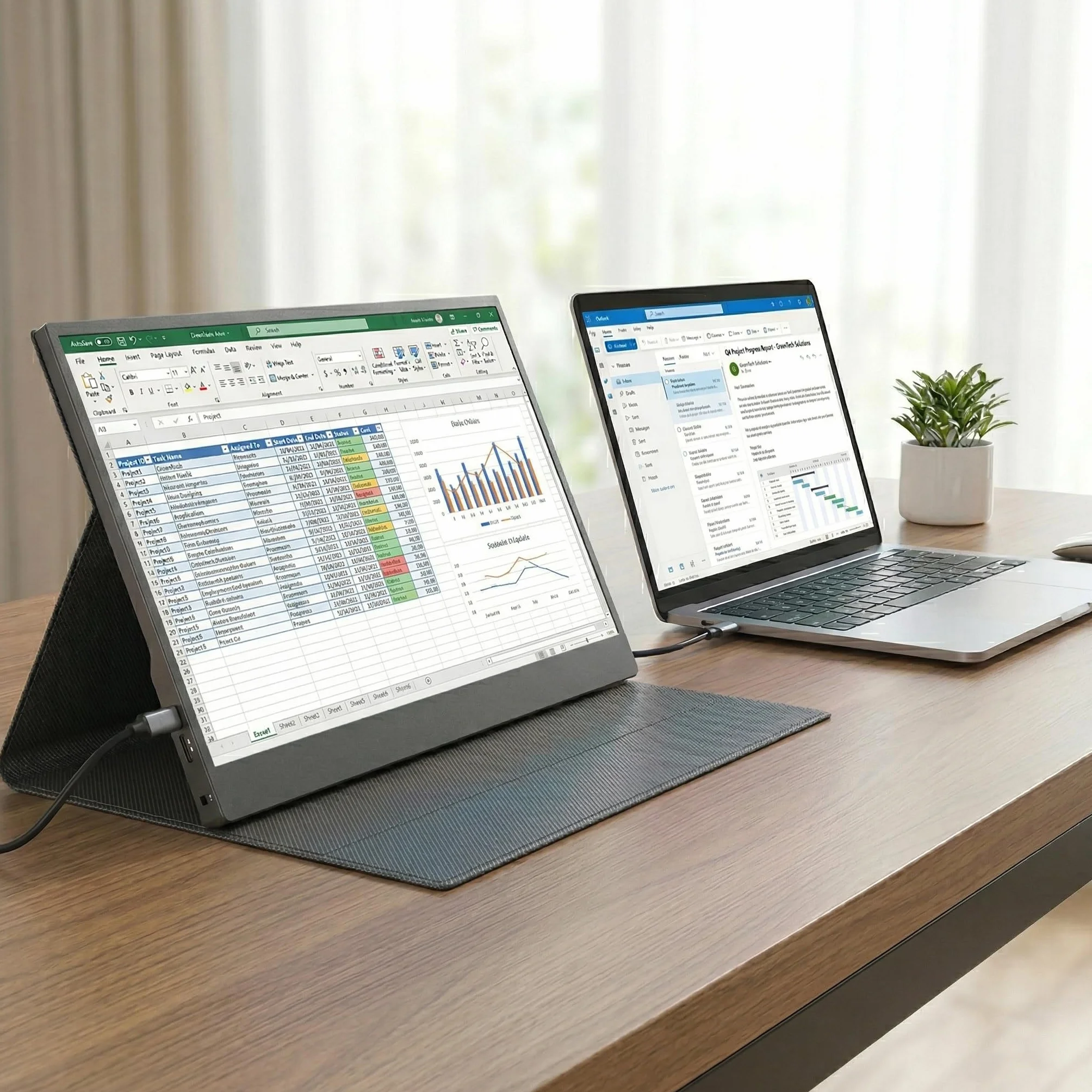 Przenośny monitor 39.6 cm FHD 1080P 60Hz IPS, podwójne porty USB-C i mini HDMI, ultracienki monitor do gier z inteligentną osłoną, Plug & Play, do laptopa, PC, Mac, telefonu, PS5