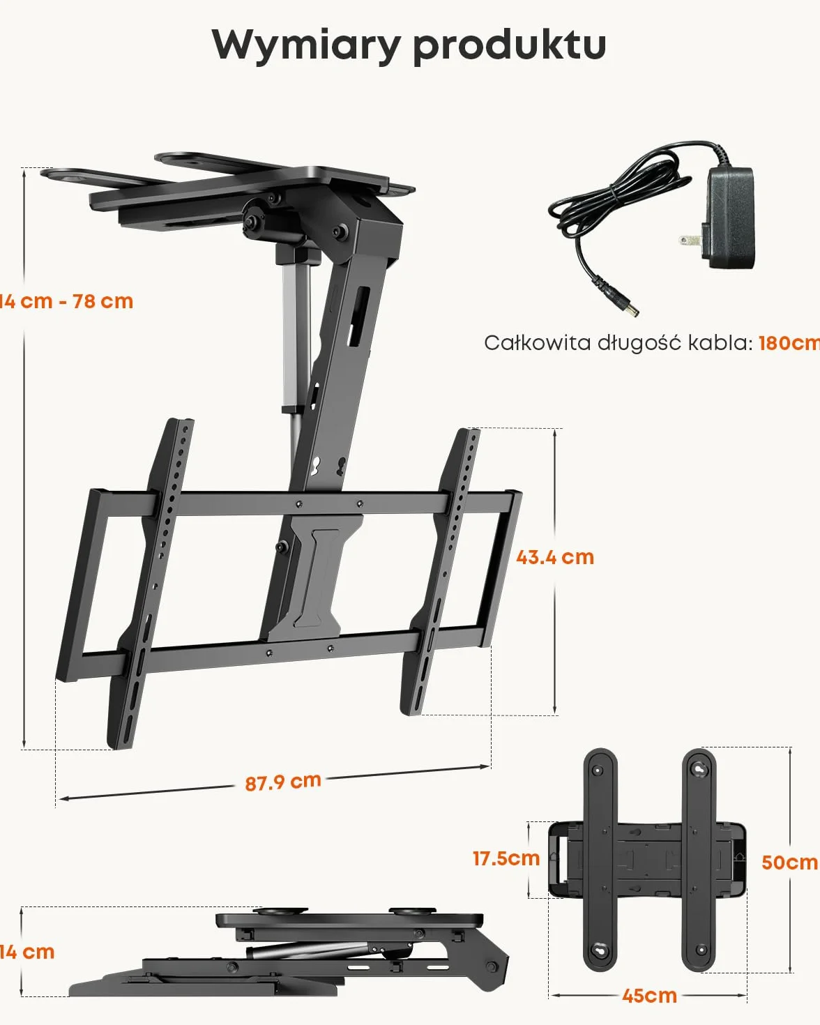 Elektryczny Uchwyt Sufitowy do TV Flip Down – Zmotoryzowany Uchwyt TV 37–86 Cali z Pilotem, Maks. Obciążenie 45 kg, VESA do 800x400 mm, Czarny