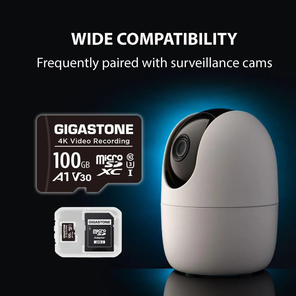 GIGASTONE Karta micro SD A1 V30 4K 100 GB, nagrywanie wideo, kompatybilna z kamerą bezpieczeństwa, kamerą pokładową, dronem, kartą pamięci microSDXC 100 MB/s UHS-I z adapterem