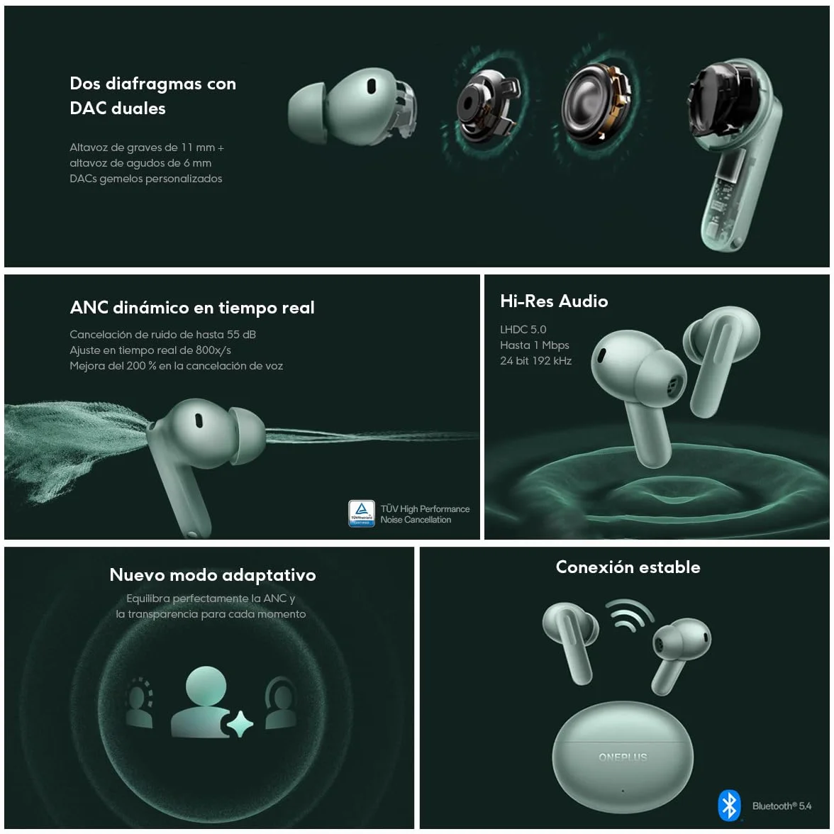 OnePlus Buds 4 bezprzewodowe słuchawki douszne Bluetooth, douszne True Wireless z aktywną redukcją szumów, zielone (2 lata)