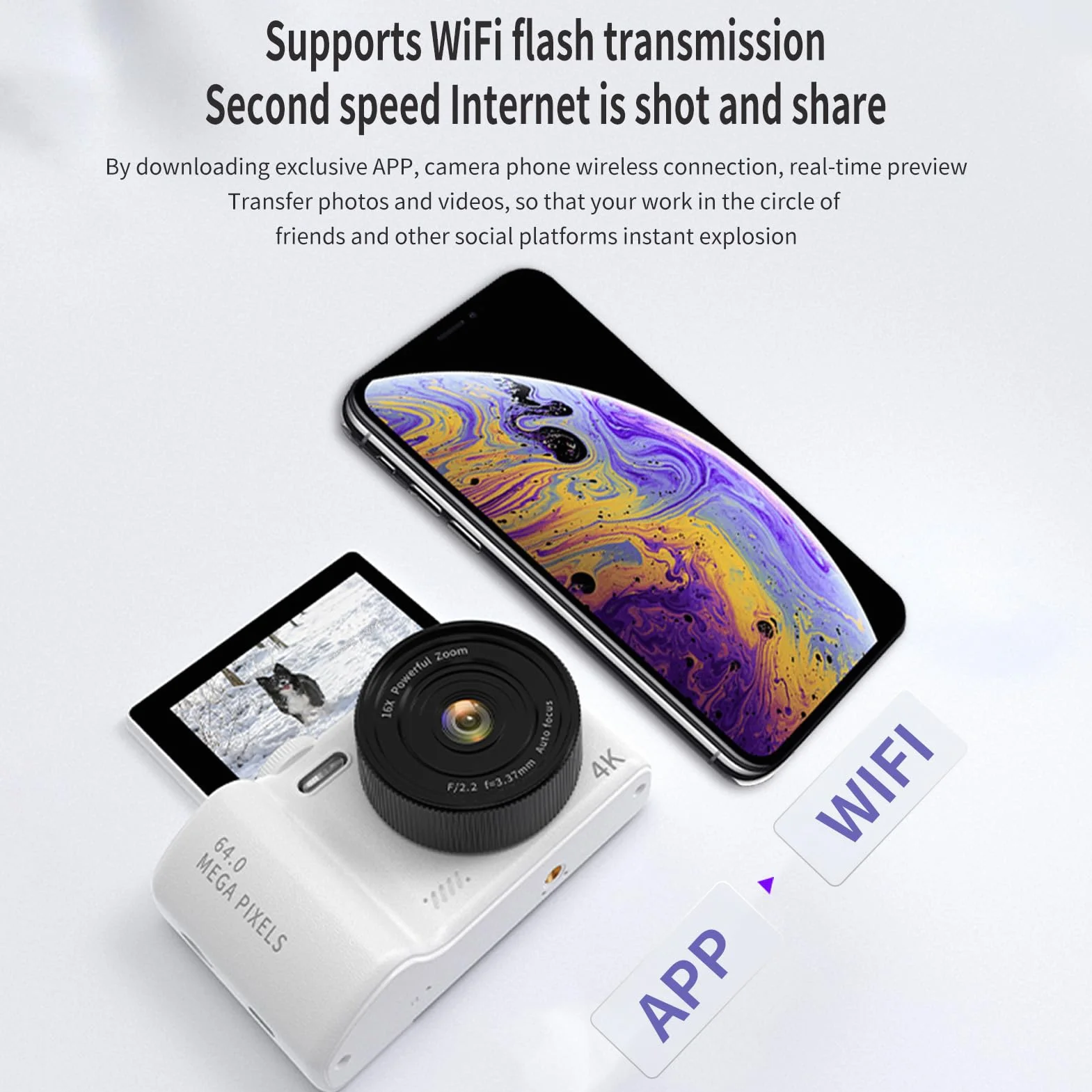 Andoer Aparat cyfrowy 4K z 3-calowym ekranem składanym, WiFi 64 MP, przenośny, kompaktowy aparat z zoomem cyfrowym 16x, karta TF 32 GB, akumulator dla nastolatków, dorosłych, początkujących, wbudowane