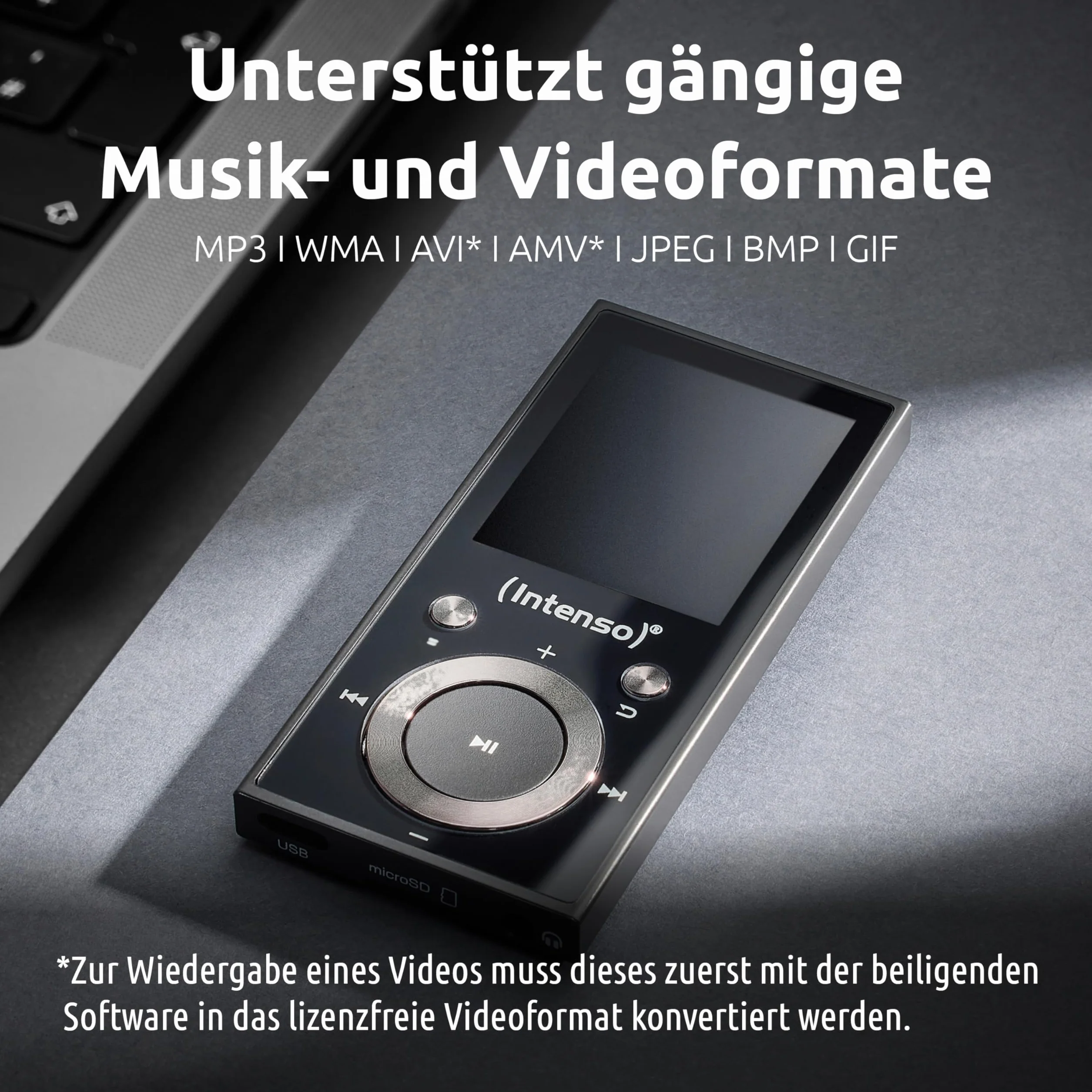 Intenso Video Scooter BT odtwarzacz MP3 z Bluetooth 5.0, kolorowy wyświetlacz 1,8", 64 GB microSD, USB-C, akumulator do 18 h, w zestawie słuchawki, czarny
