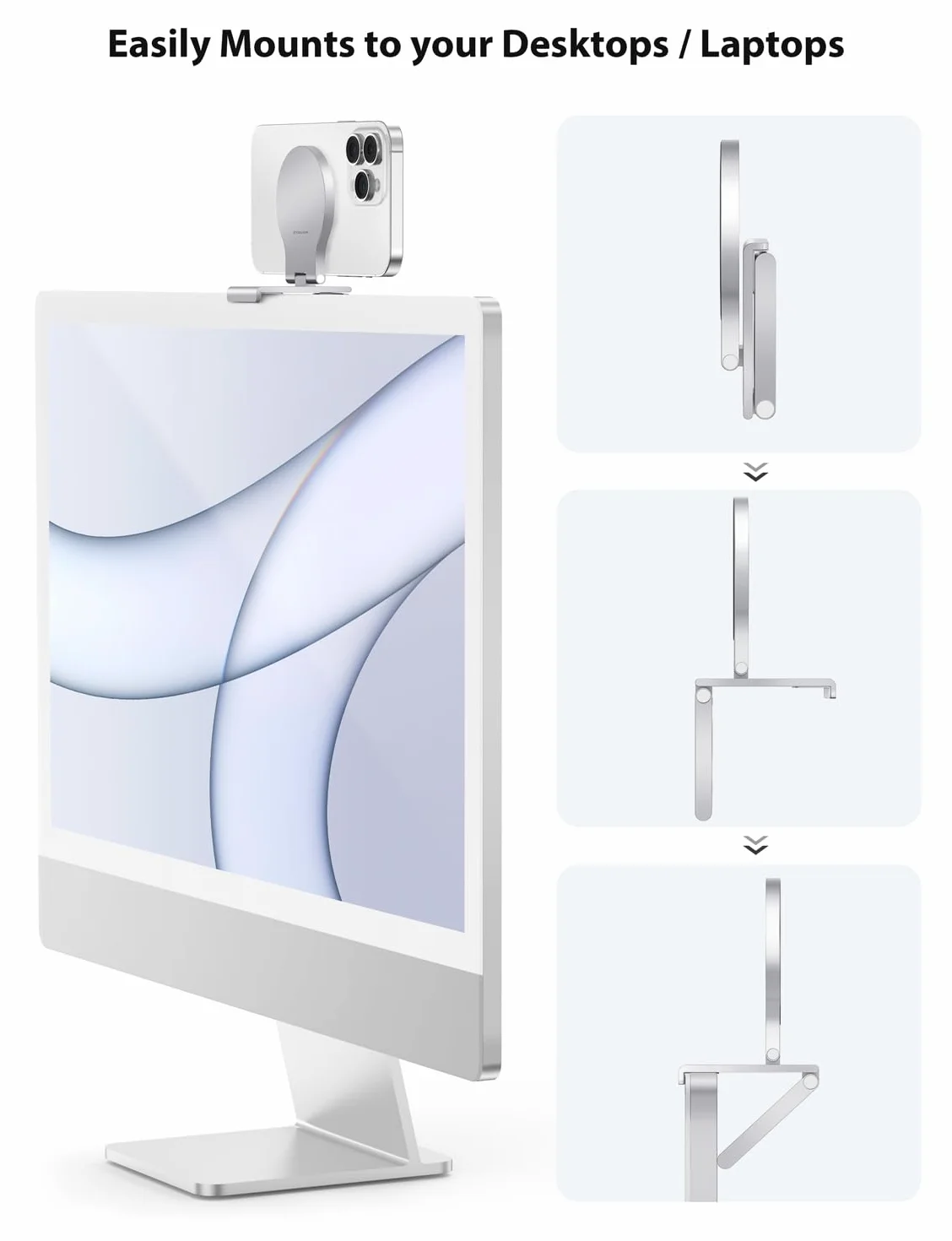 Uchwyt kamery Stouchi Continuity do komputera iMac, monitor stacjonarny, uchwyt monitora iPhone'a z regulowanym kątem, uchwyt kamery internetowej do wideokonferencji, FaceTime