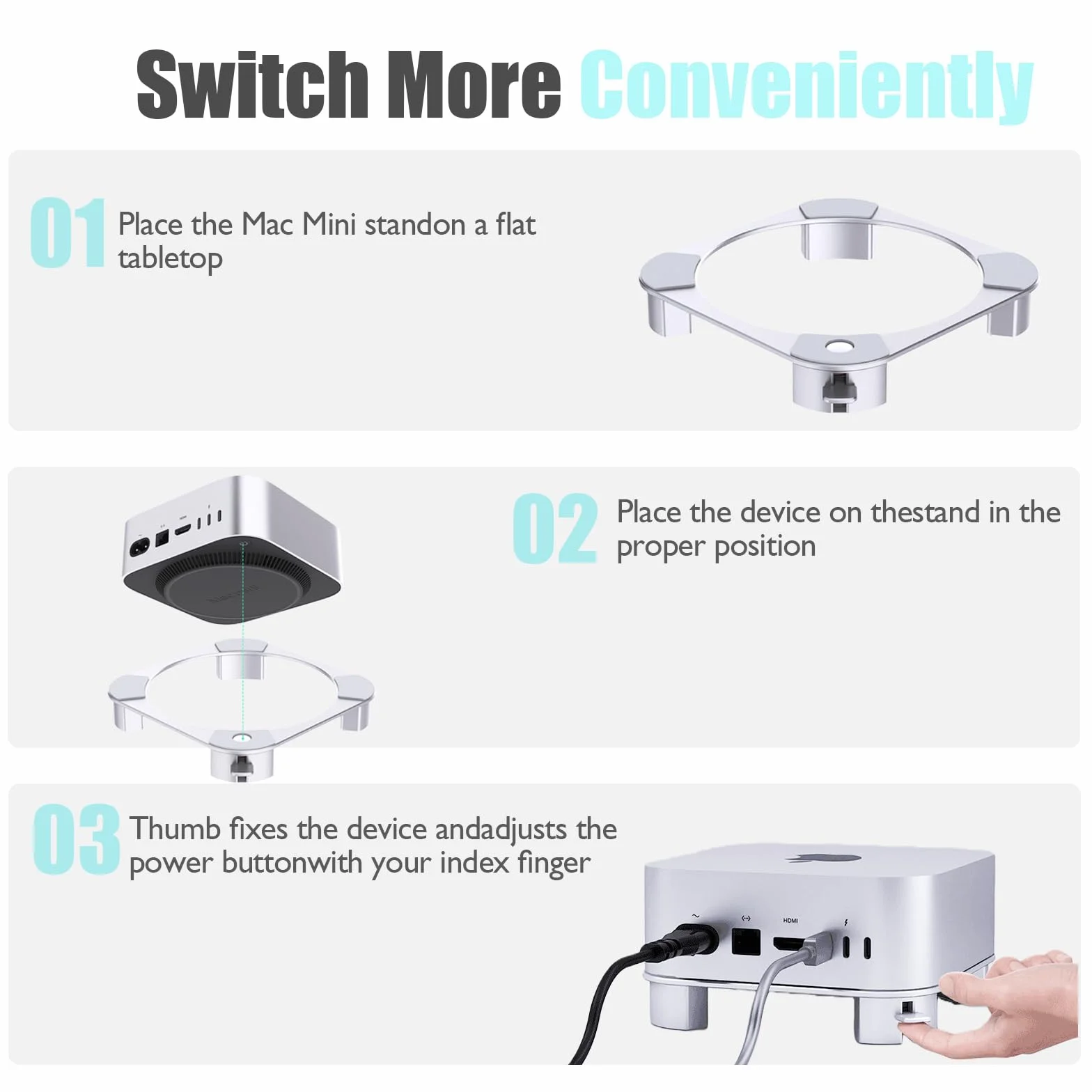 Aluminiowy stojak do Mac mini M4/M4 Pro, z łatwo dostępnym przyciskiem włączania, ulepszoną wentylacją i odprowadzaniem ciepła, stabilna, antypoślizgowa konstrukcja zapewnia bezpieczną i wydajną pracę
