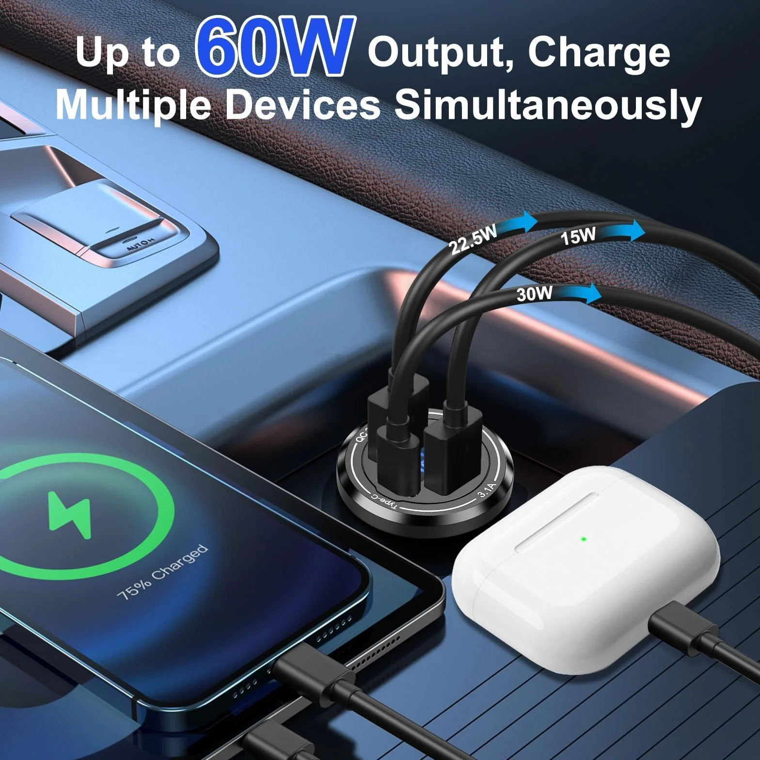 Linkstyle Ładowarka samochodowa USB, 15 W, 22 W, złącza QC i 30 W PD, gniazdo USB z przełącznikiem przyciskowym 12 V/24 V, do kampera, łodzi, motocykla, samochodu