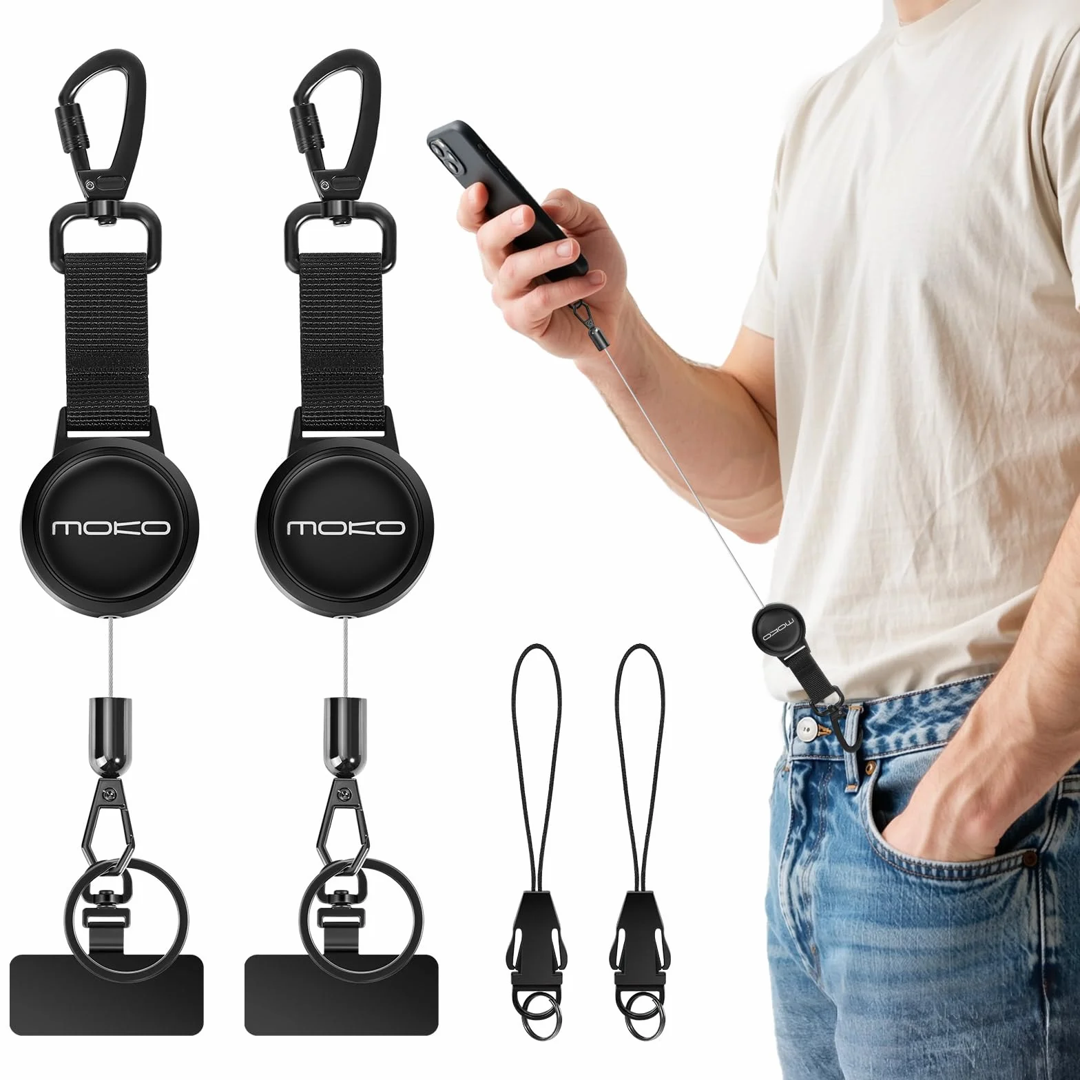 MoKo 2 Pack Anti-theft Phone Tether Lanyard, Retractable Phone Strap Keychain Steel Line Cellphone Lanyard with Locking Carabiner and Metal 360° Tether Tab for Outdoor Hiking Climbing Fishing, Black