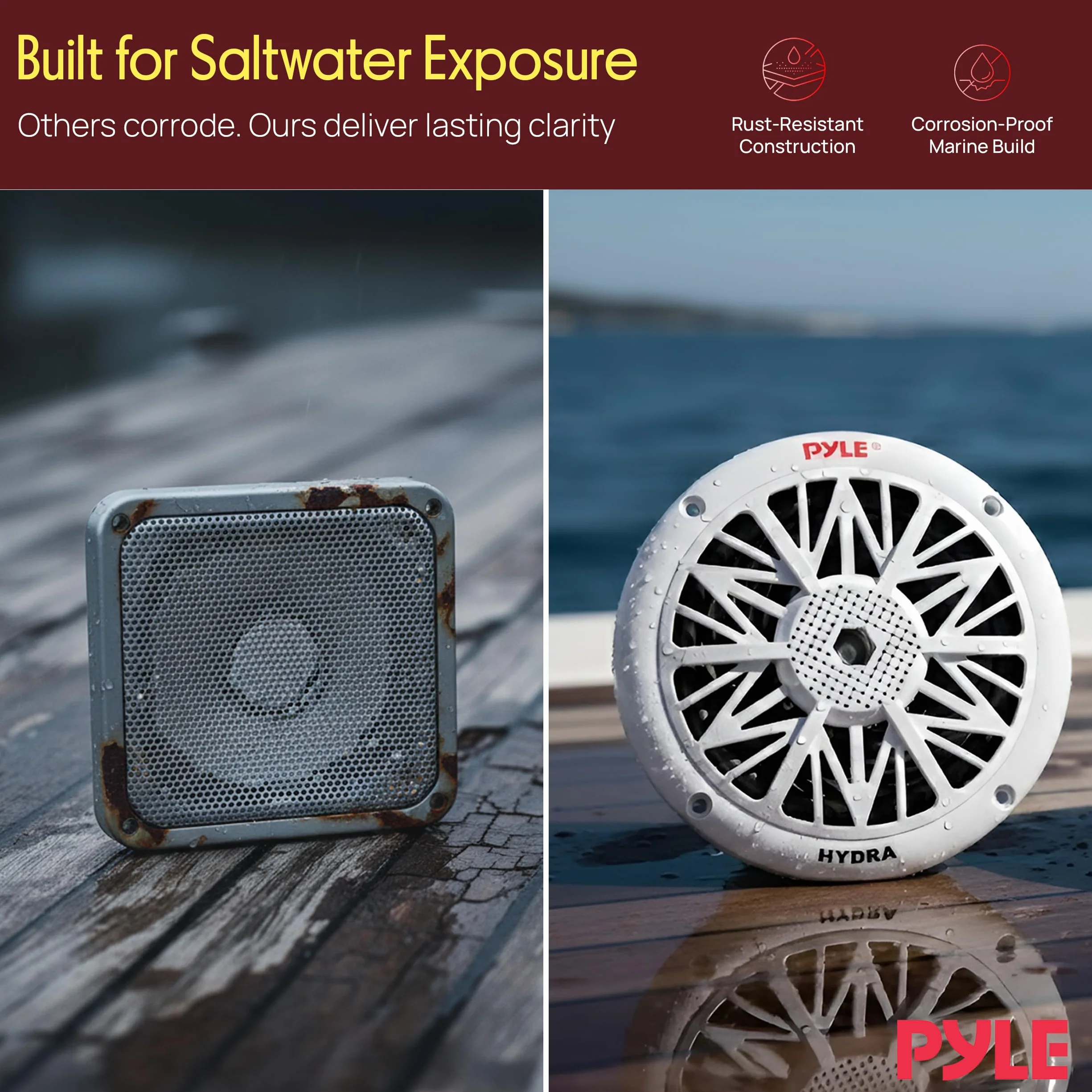 Pyle 5.25 Inch Dual Marine Speakers - 2 Way Waterproof and Weather Resistant Outdoor Audio Stereo Sound System with 150 Watt Power, Poly Carbon Cone, Cloth Surround and Low Profile Design - 1 Pair
