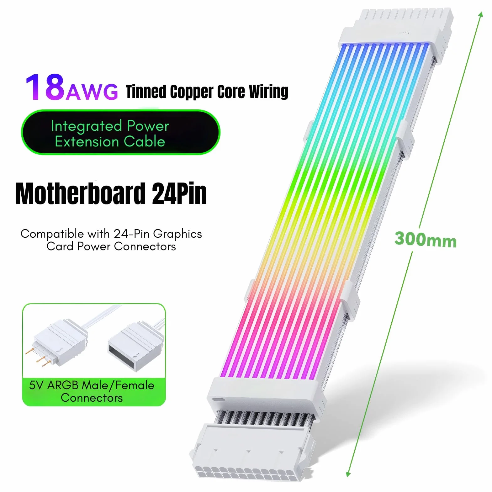 ARGB PSU zestaw osłon kabli 5 V, 24 piny, zsynchronizowany kabel zasilający RGB do płyty głównej, 8-pinowa karta graficzna ARGB, osłony oświetleniowe do przedłużeń kabla zasilacza 60 cm