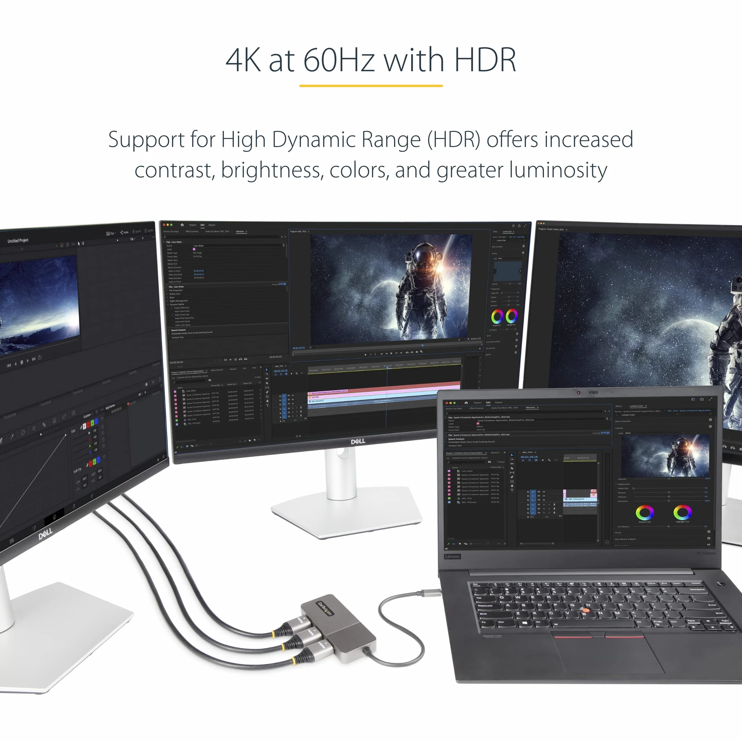 StarTech.com 3-portowy adapter USB-C z wieloma monitorami, USB typu C na 3 x HDMI MST, potrójny przedłużacz/rozdzielacz wyświetlacza laptopa 4K 60 Hz, HDR, bardzo długi wbudowany kabel, Windows