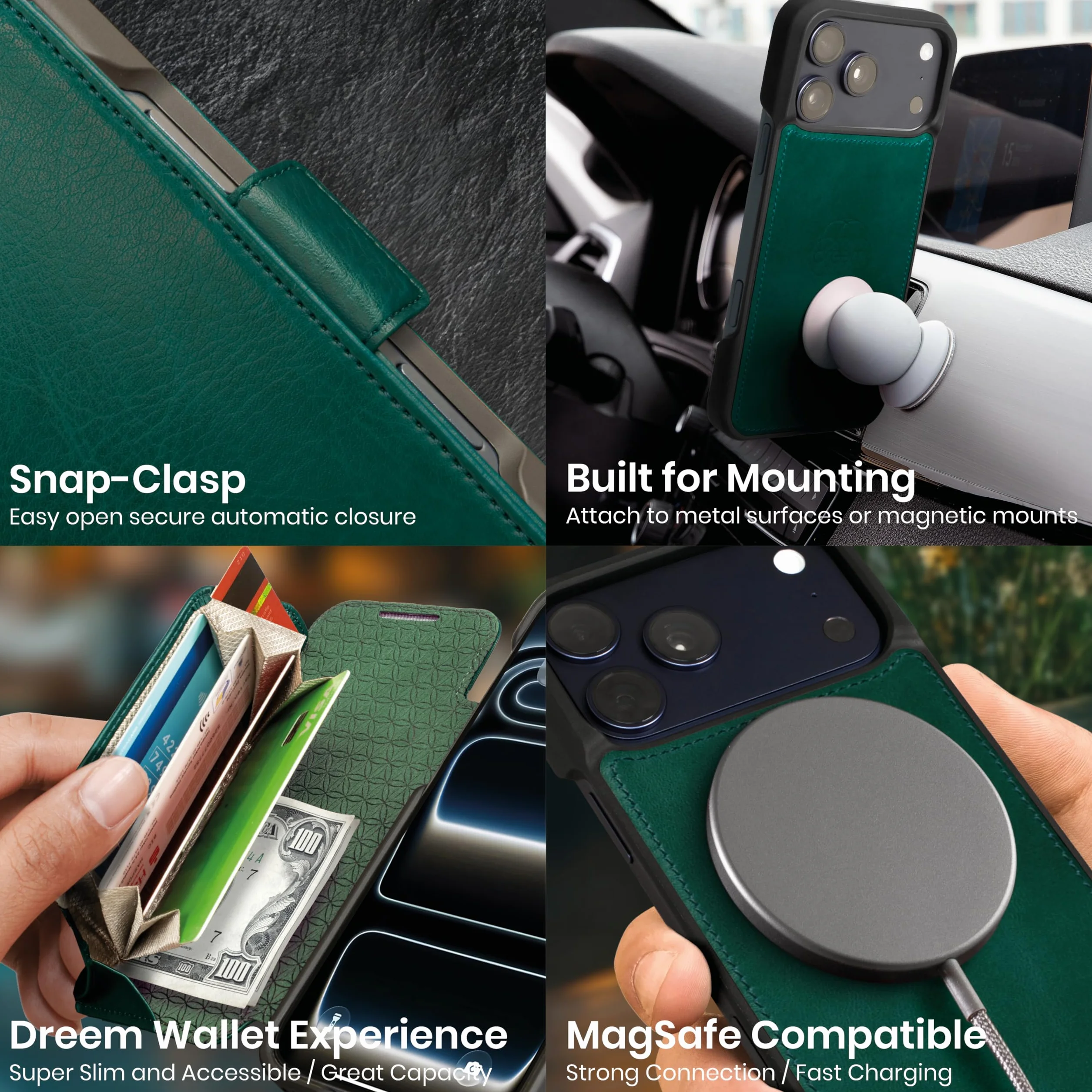 Dreem Skórzane etui do iPhone 17 Pro Max – rewolucyjny stojak i kieszeń na karty, zdejmowane etui magnetyczne, MagSafe-Ready, blokada RFID, etui portfelowe z prawdziwej skóry [Fibonacci: Dark Green]