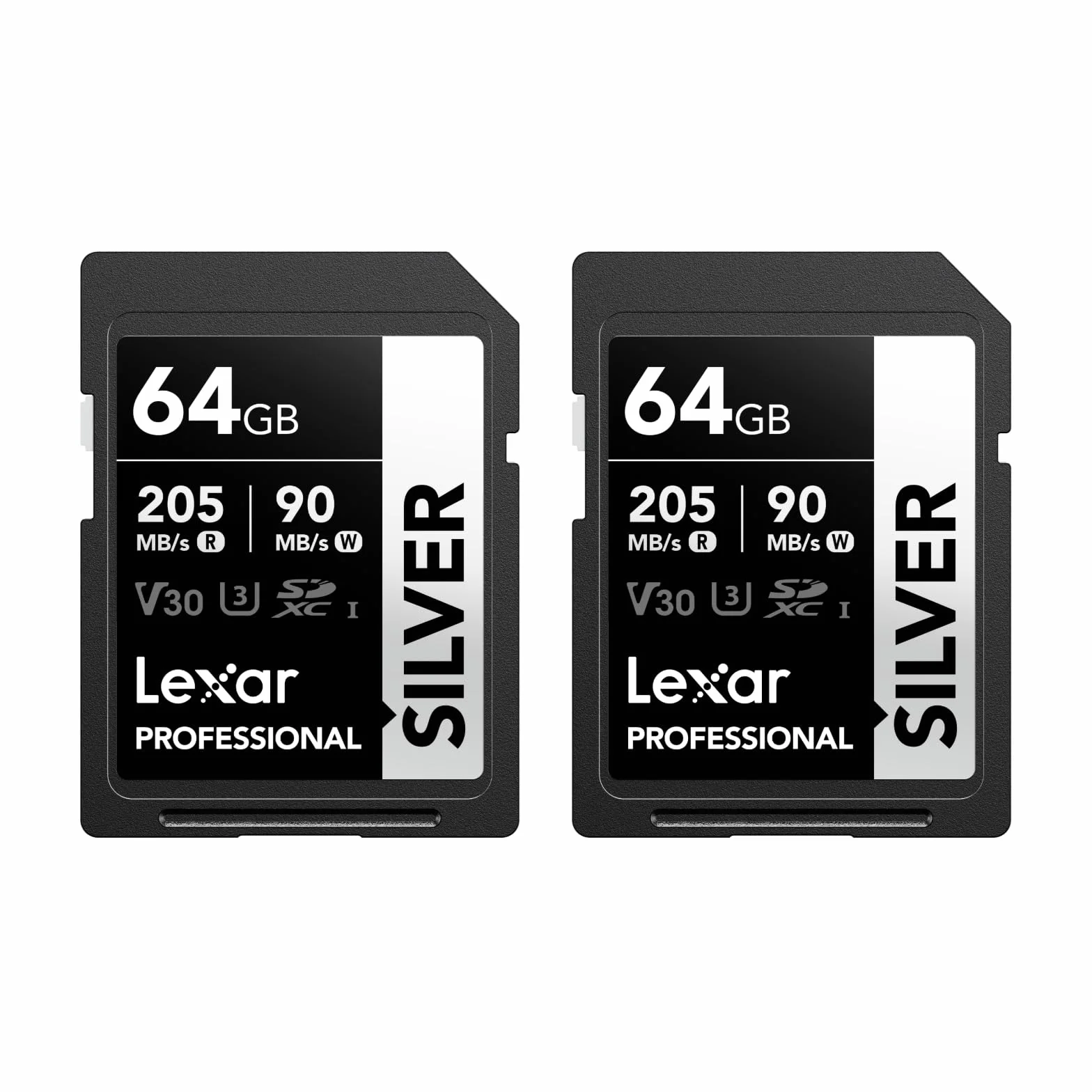 Lexar Karta SD Professional SILVER 64 GB 2 szt., odczyt do 205 MB/s, zapis 90 MB/s, karta pamięci SDXC UHS-I, klasa 10, U3, V30, karta SD dla profesjonalnych fotografów, kamerzystów, entuzjastów
