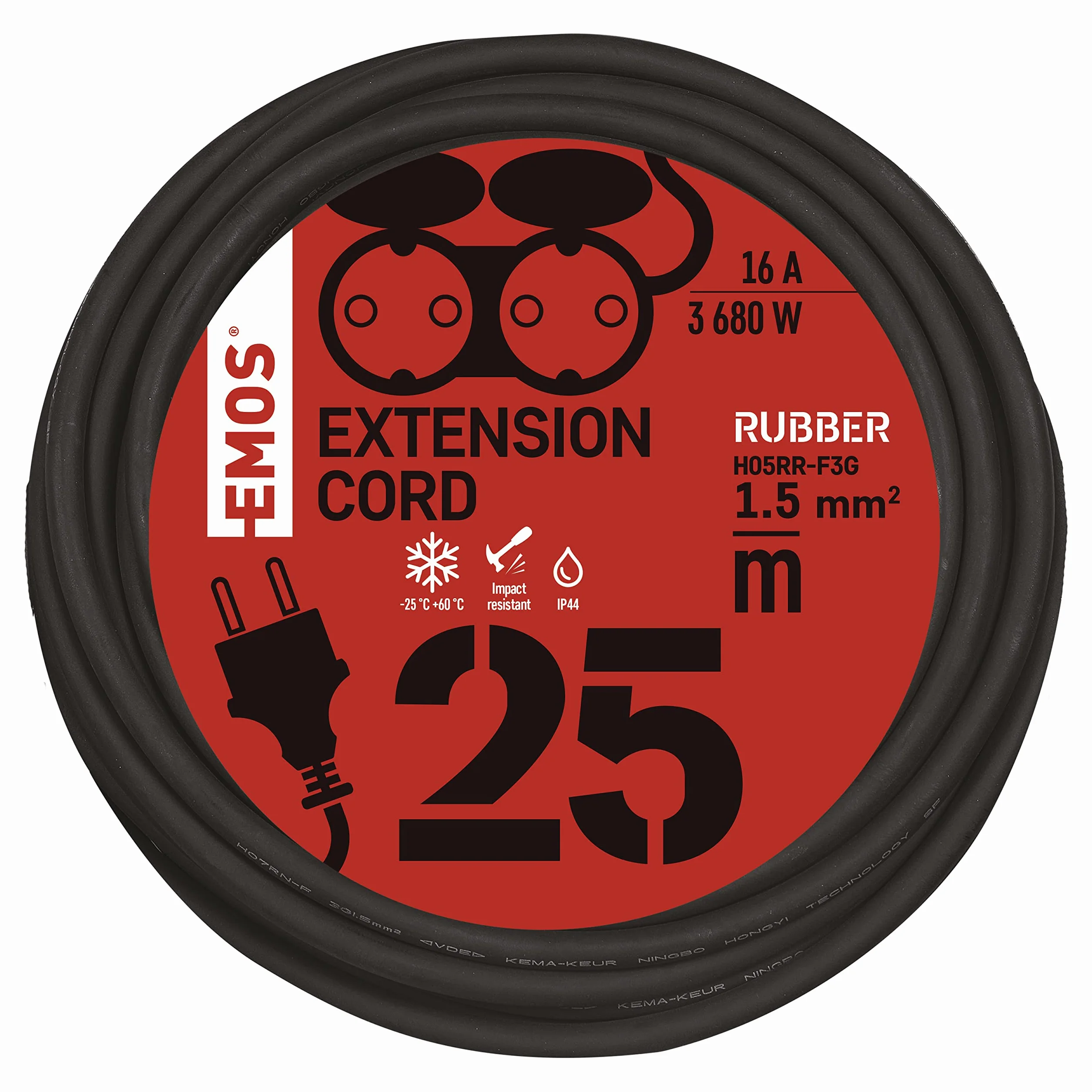 EMOS - Przedłużacz IP44 25 m - 2 gniazda Schuko - wodoszczelny, odporny na uderzenia, odporny na wysokie temperatury i zimno - 230 V, 16 A, 3680 W - izolacja gumowa - H05RR-F3G 1,5 mm2 - do użytku na