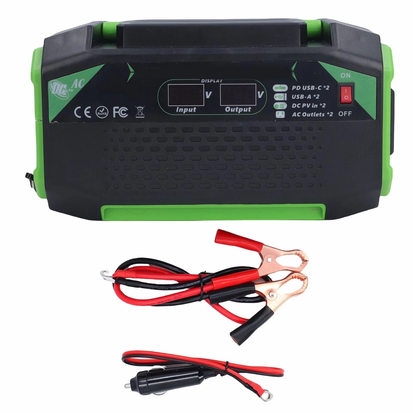 Drfeify Inwerter Samochodowy, Konwerter Zasilania Pojazdu z falą sinusoidalną modyfikowaną ABS 12 V na 220 V 500 W z Wyświetlaczem LCD, 2 Gniazda 2 Porty USB Szybkie Porty ładowania do Podróżowania na