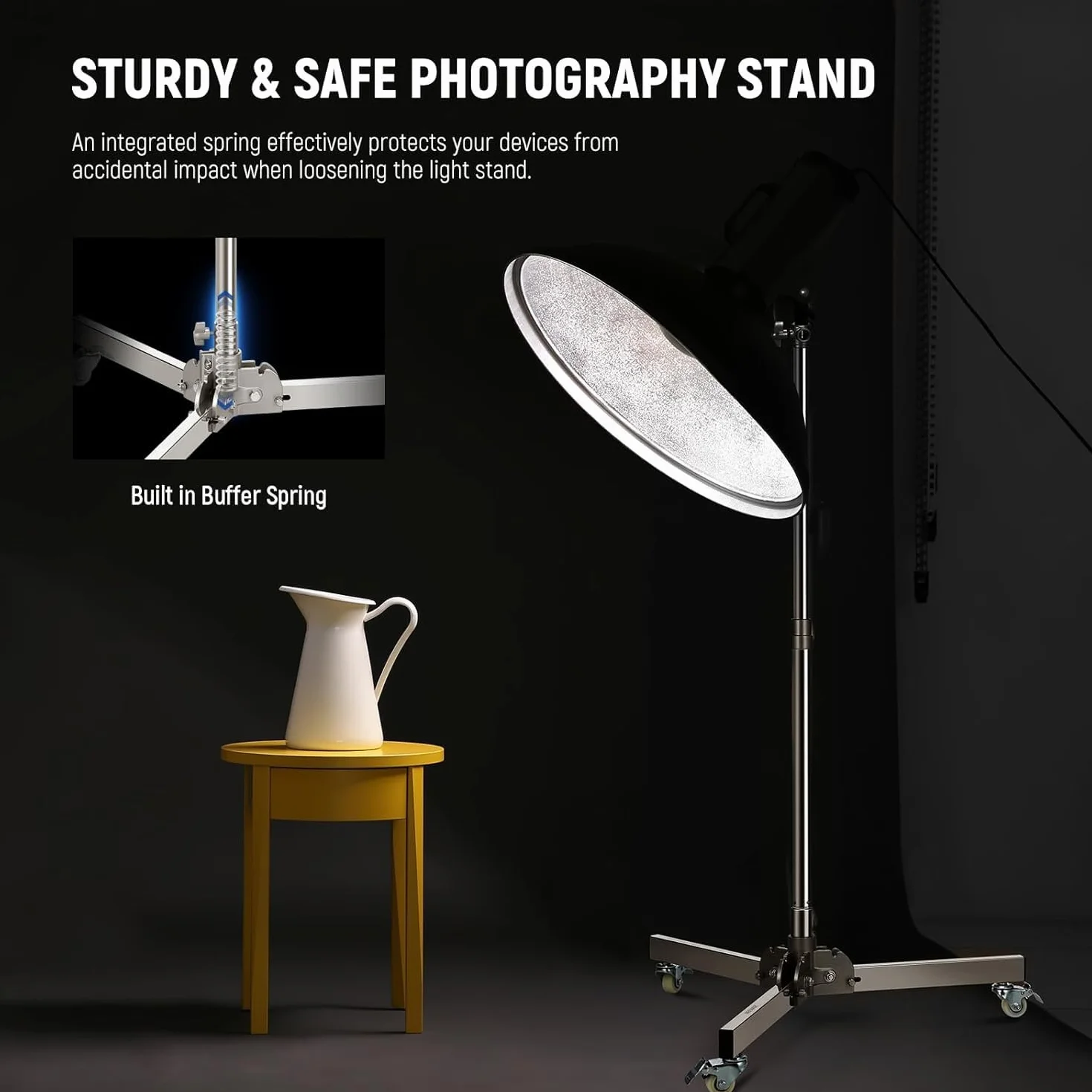 NEEWER Stojak oświetleniowy ze stali nierdzewnej, regulowany, maks. wysokość 98 cm, składany, z kółkami, kompatybilny z softboxami i lampami LED, srebrny