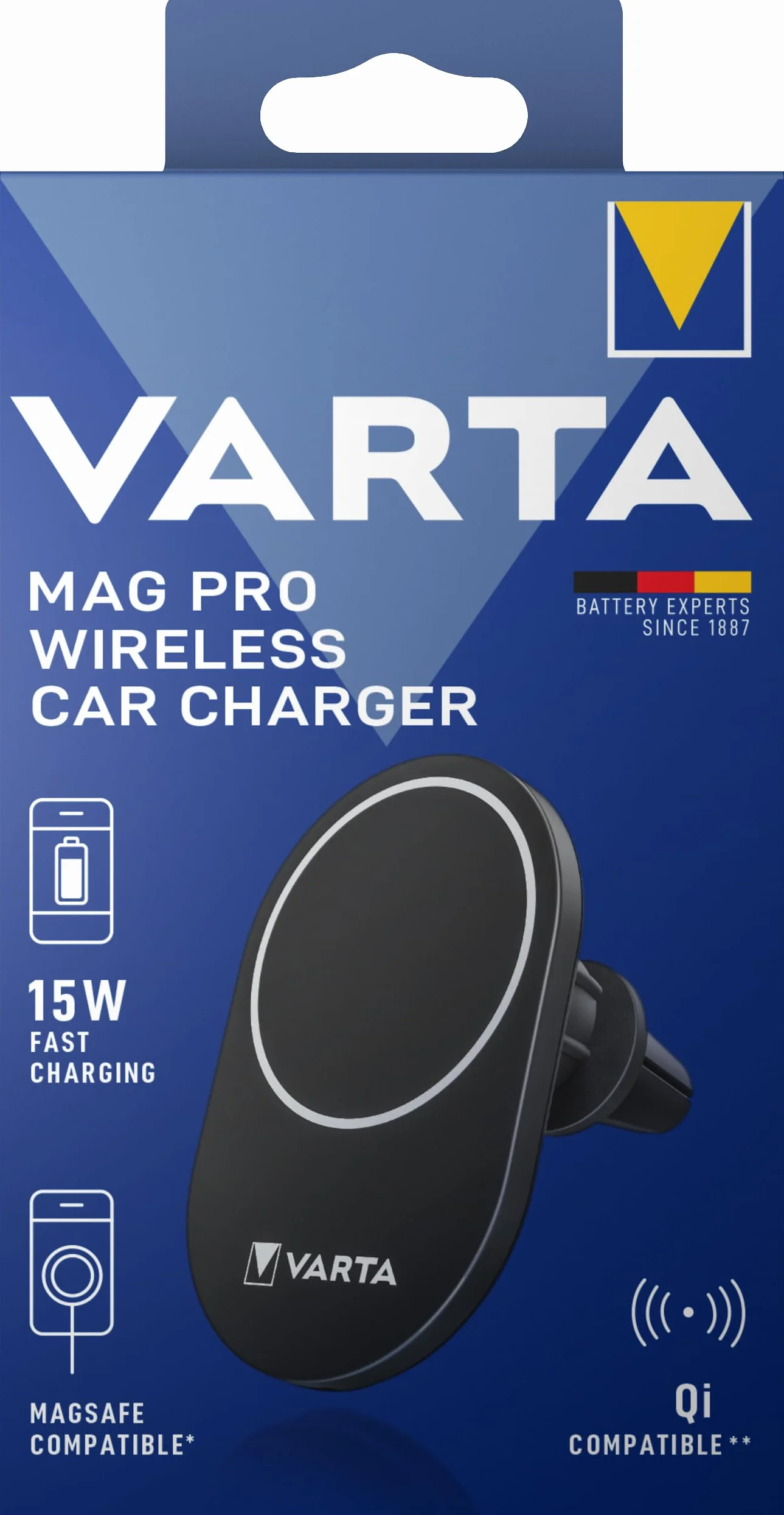 VARTA Mag Pro bezprzewodowa ładowarka samochodowa 15 W (uchwyt na smartfon i bezprzewodowa ładowarka w jednym, kompatybilna z MagSafe, kompatybilna z Qi) z uchwytem samochodowym i kablem USB typu C