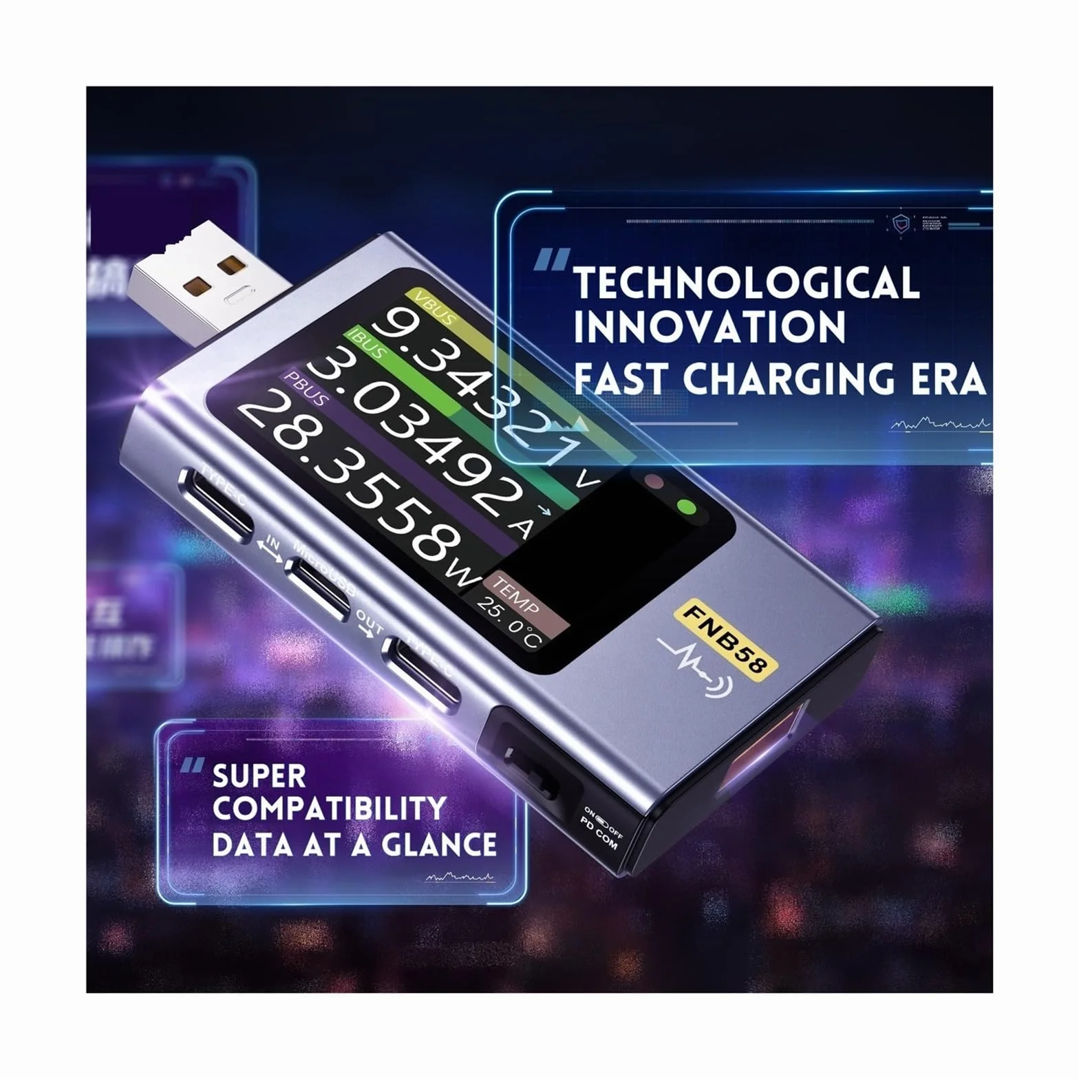 Tester USB, FNB58 Woltomierz cyfrowy Amperomierz Woltomierz prądu Tester USB Wskaźnik napięcia Profesjonalne narzędzia dla elektryków(Without Bluetooth)