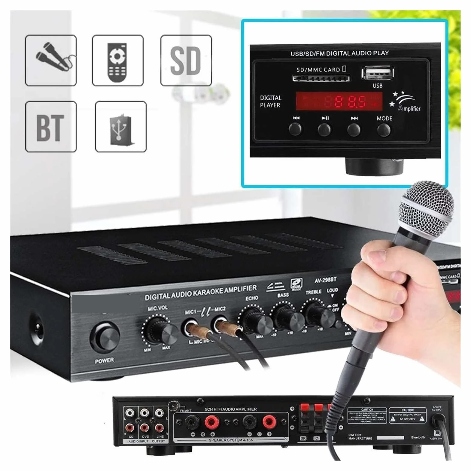 Wzmacniacz 5 1 dźwięku przestrzennego Bluetooth do systemu przestrzennego Hifi Led USB Av Power surround 298Bt wysokiej rozdzielczości Odtwarzacz Subwoofer samochodu gold