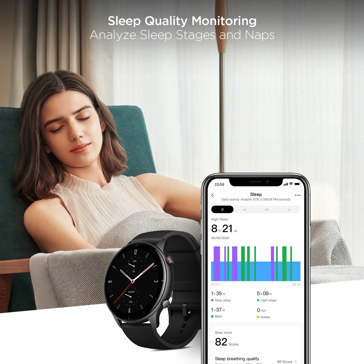 Amazfit Smartwatch GTR 2e GPS 1,39" AMOLED monitor aktywności fitness i zdrowia, 90 trybów sportowych, bateria 24 dni, monitorowanie częstotliwości bicia serca, snu i stresu, dla mężczyzn i kobiet