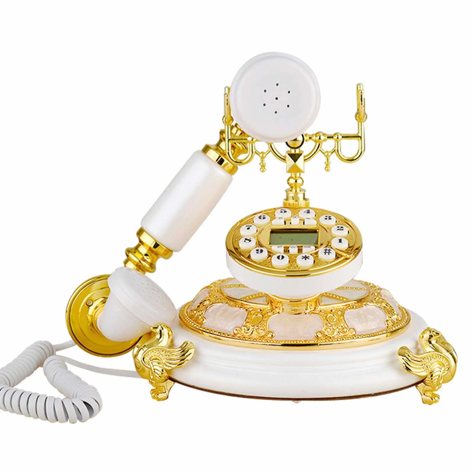 Antyczny telefon, telefon stacjonarny w stylu retro, przewodowy telefon stacjonarny w stylu vintage z identyfikatorem dzwoniącego i przyciskami do wystroju biura hotelowego