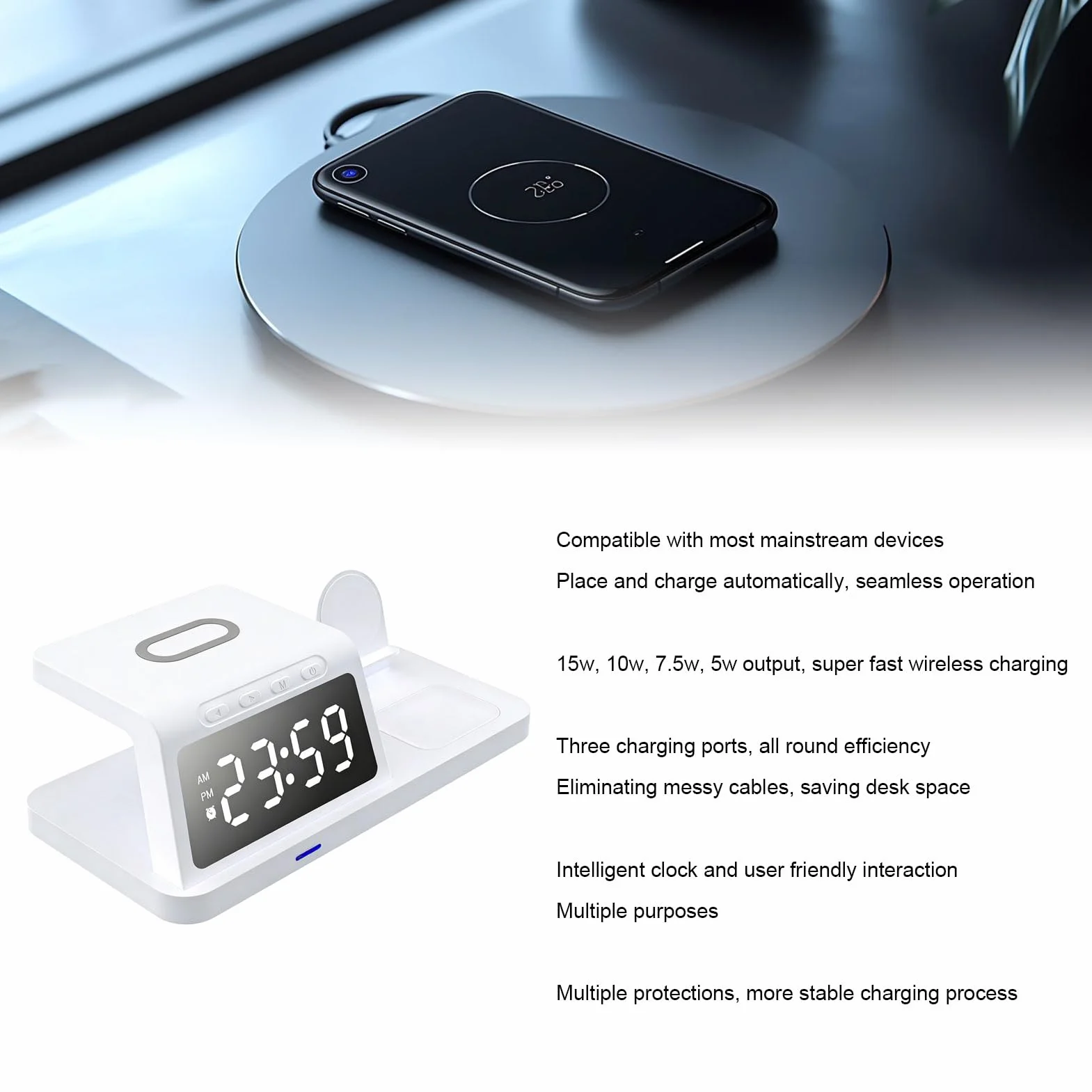 Sxhlseller Bezprzewodowa Stacja ładująca, Stacja Szybkiego ładowania 3 w 1 z Inteligentnym Budzikiem, ładowarka Qi do Smartfonów, Podstawka z ładowarką bezprzewodową (HT-506 Biały)