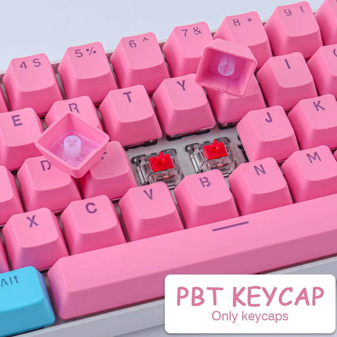 Sunzit Nasadki klawiszy, 61 klawiszy, podświetlenie dwukolorowa klawiatura mechaniczna PBT do klawiszy GH60 / RK61 / ALT61 / Annie / klawiatura poker (różowe i niebieskie)