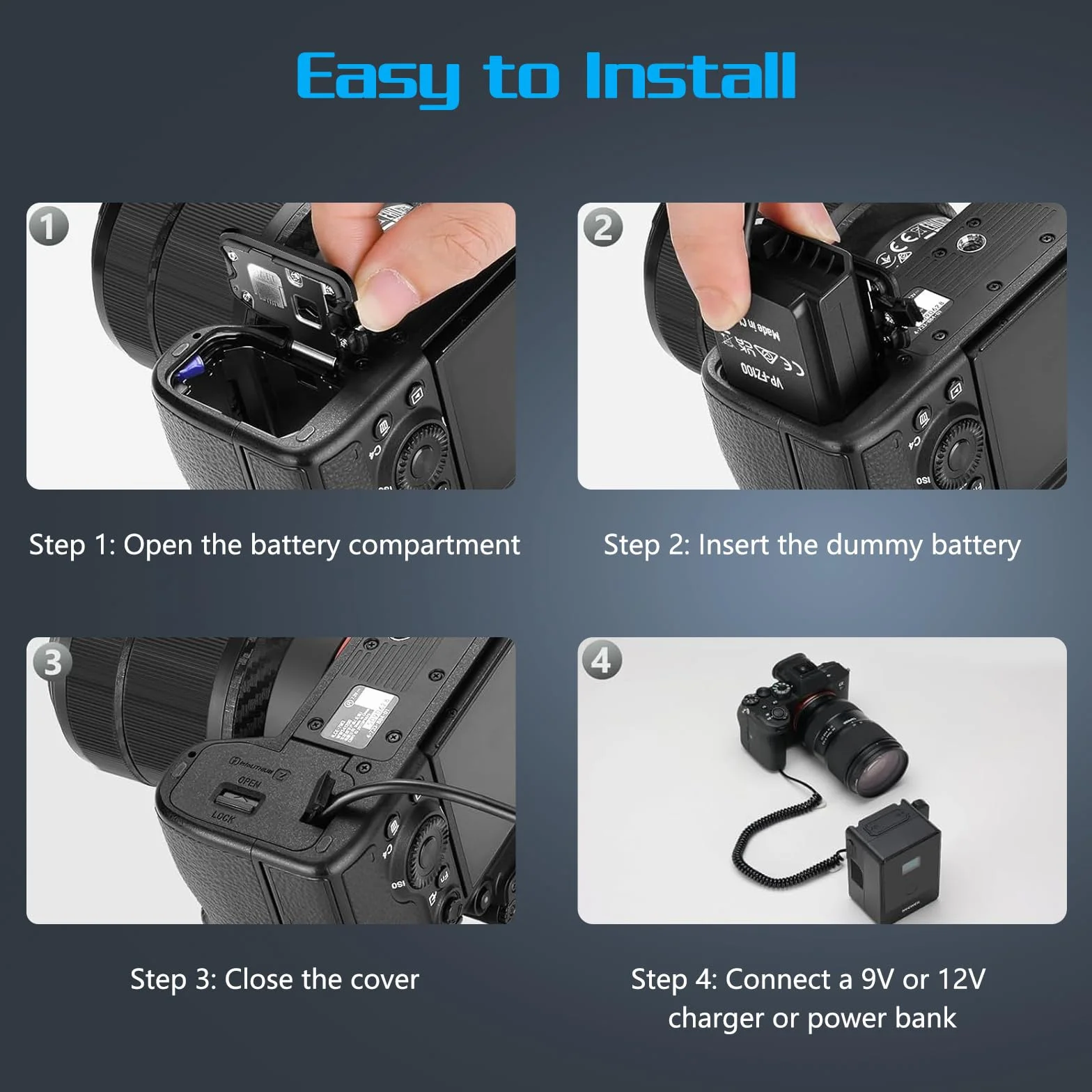 NP-FZ100 Dummy akumulator do Sony A7 III, A7 IV, A7S III, A7R III, A7R IV, A7R V, A7C, A7C II, A7CR, A6600, A6700, A1, A9, A9 II, ZV-E1, FX3, FX30