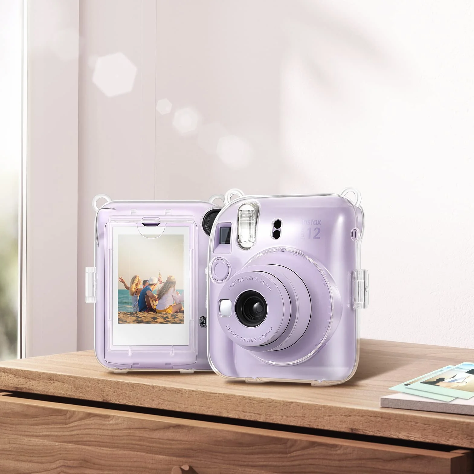 Fintie Etui Ochronne do Fujifilm Instax Mini 12, Przezroczyste Twarde, Kryształowe z Kieszenią i Paskiem