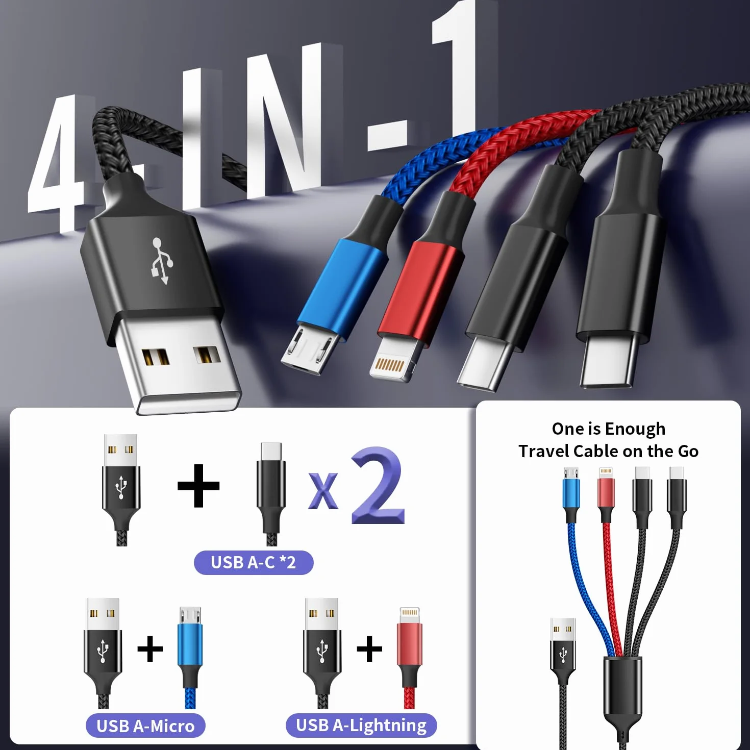 Podwójny kabel do ładowania TypeC 4 w 1, kable ładujące do wielu urządzeń | 2 x kabel USB, uniwersalny kabel do ładowania telefonu iPhone 17-8/Androids/iPad i innych, niezbędne akcesoria podróżne