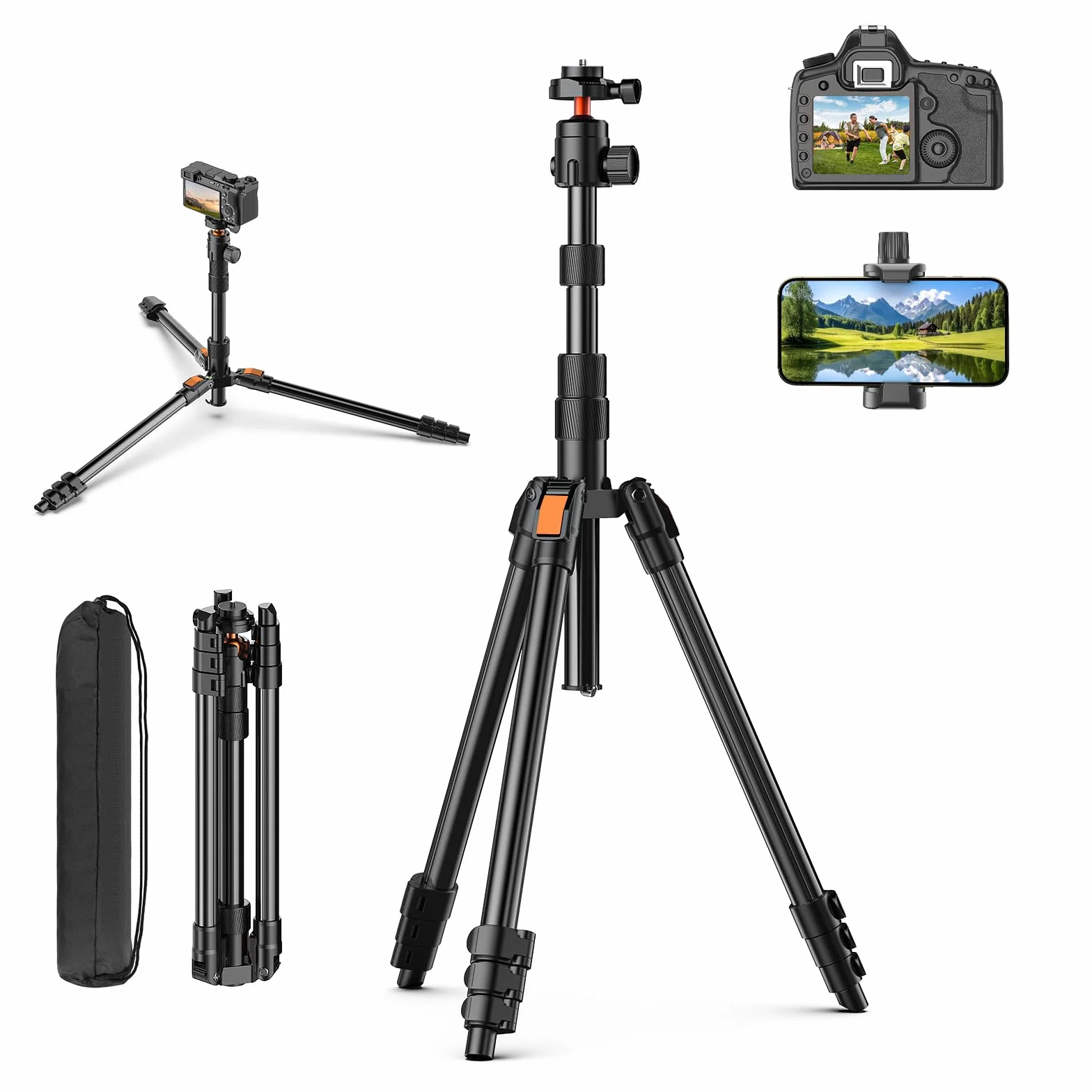 180cm Statyw do Aparatu, Aluminiowy Statyw do Telefonu z Torbą,Lekki Statyw Fotograficzny z Głowicą Kulową 360° i Nośnością 8 Kg, Tripod do Aparatów DSLR/Smartfona/Światła Pierścieniowego/Projektorów