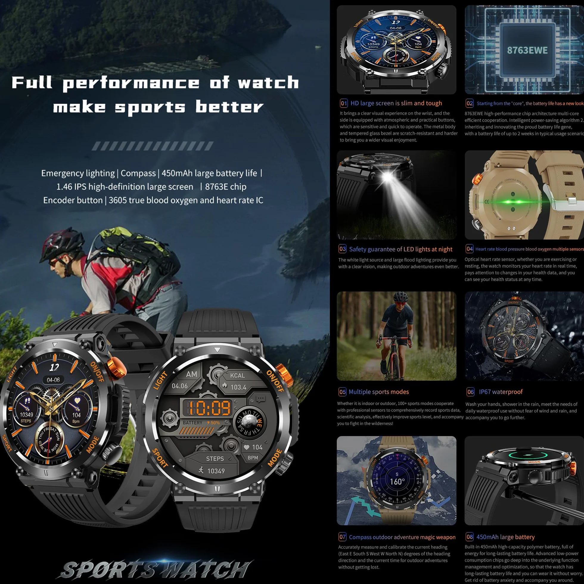 Smartwatch Inteligentny Zegarek Męski z Połączeniami, 1.46" Wodoodporny Smart Watch Sportowy z Latarka, Kompas, Pulsometr Ciśnienie Krwi Bransoletka Aktywność Cyfrowy Zegarek dla IOS Android (czarny)