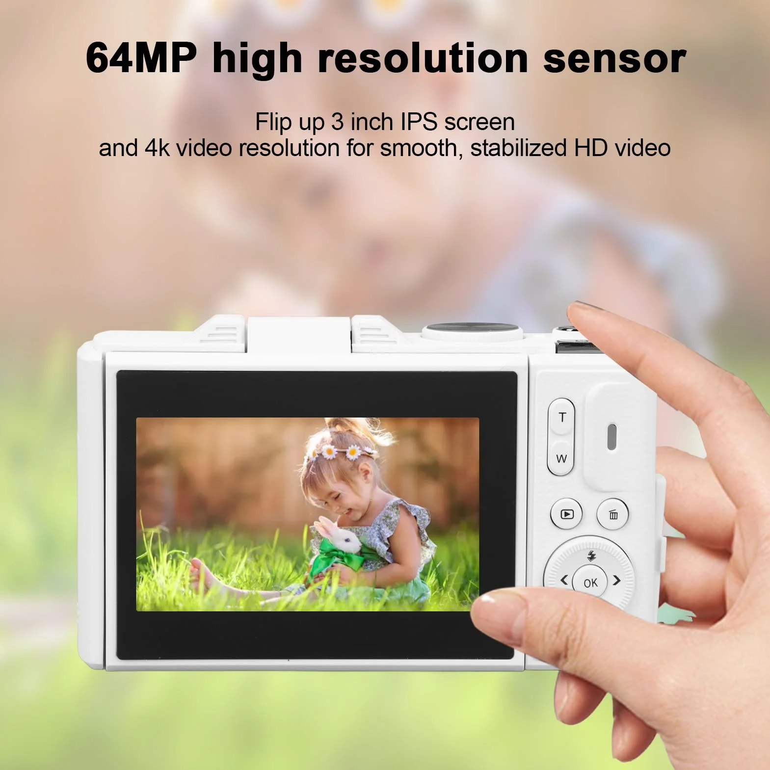 Aparat Cyfrowy 64 MP, Aparat Cyfrowy 4K, Składany Ekran, Wideo 4K, Zoom 18X, Akumulator, z 3-calowym Odchylanym Ekranem, Idealny świąteczny z łącznością USB dla (WHITE)