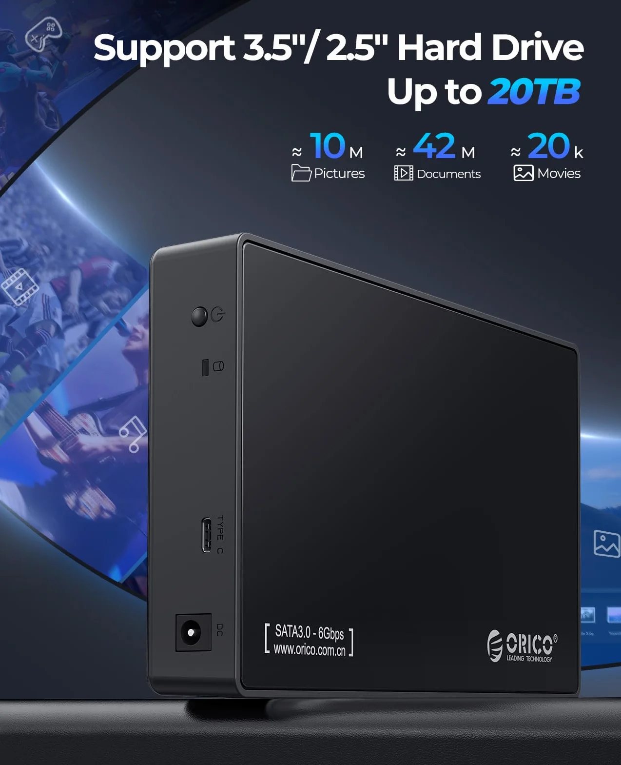 ORICO Zewnętrzna obudowa dysku twardego 3,5 cala SATA III do USB 3.1 typ C do instalacji HDD Obsługa dysków UASP i 16 TB - czarna