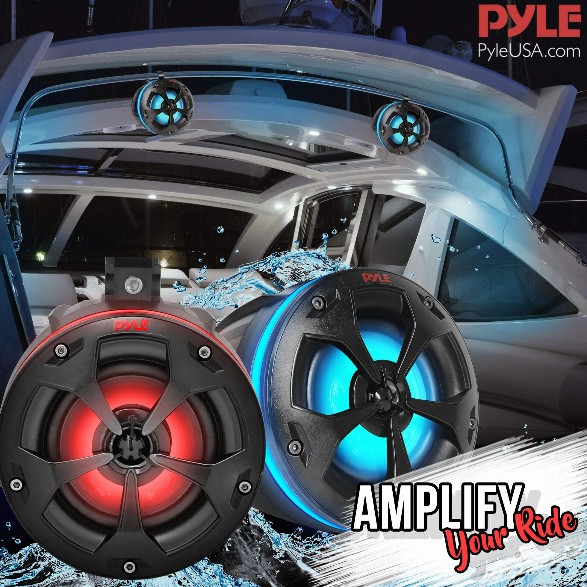 Pyle 2-drożne podwójne wodoodporne głośniki terenowe - 4-calowy 800 W system głośników Wakeboard Tower klasy morskiej ze światłami RGB i pilotem, pełny zakres zewnętrzny głośnik stereo audio do