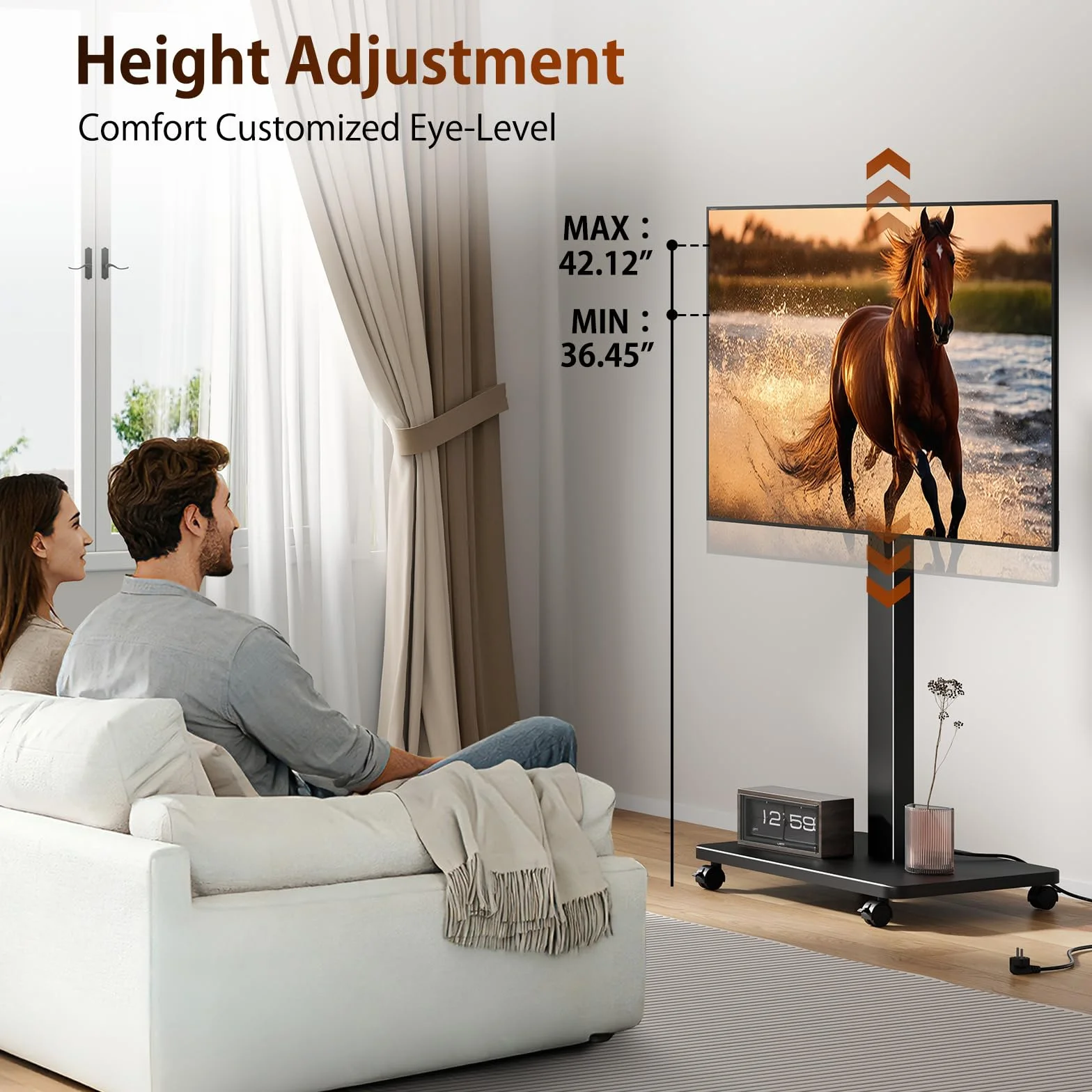 Wózek na kółkach do telewizorów plazmowych LCD LED OLED, z regulacją wysokości, stojący wózek pod telewizor z obrotem panelu o 90°, mobilny stojak na telewizor na kółkach, nośność 30 kg, maks. VESA