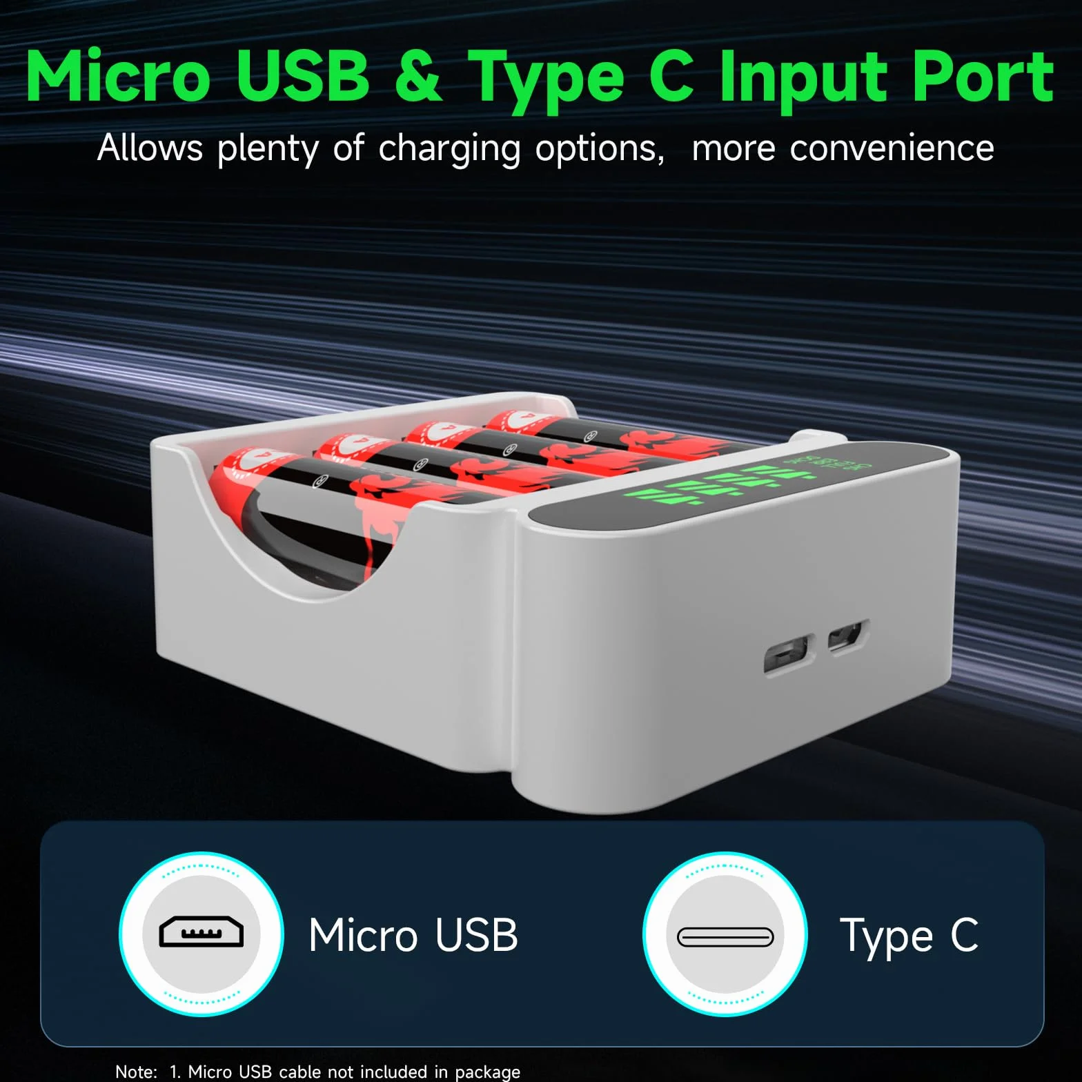 IMREN Ładowarka akumulatorowa 4 niezależne miejsca ładowania LCD 5V 2A typ C micro USB NiMH NiCD AA AAA