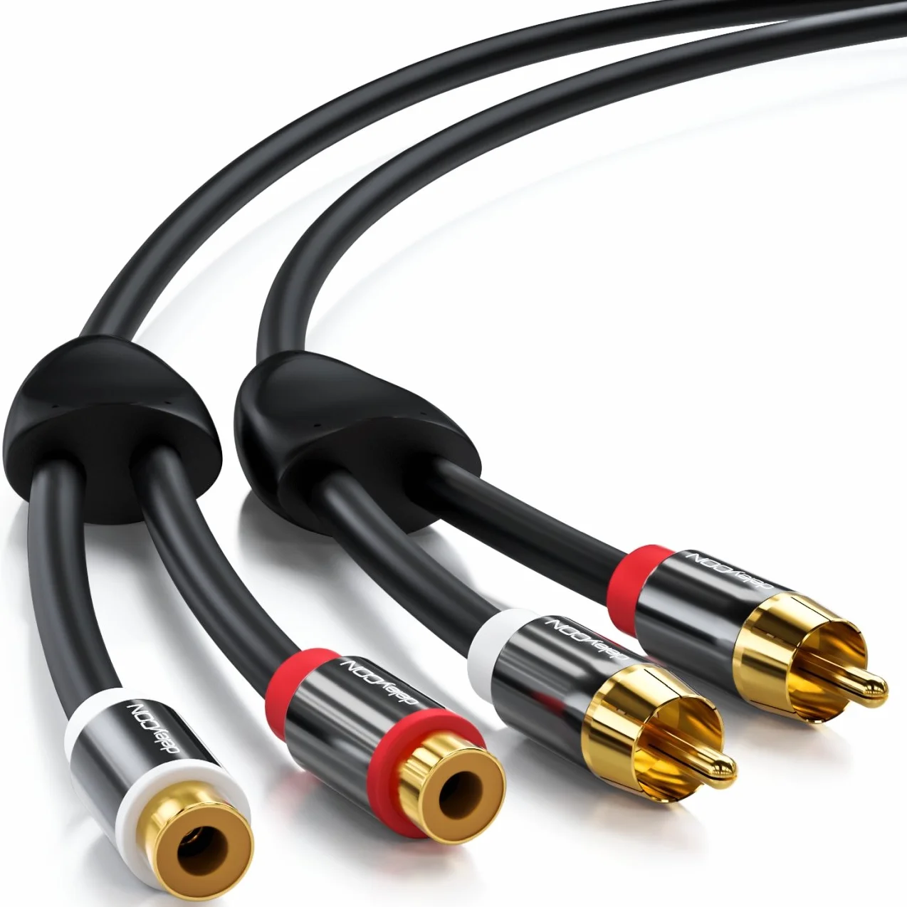 deleyCON 3,0m Przedłużacz Cinch RCA Stereo Audio - 2x Wtyk do 2x Gniazdo - Pozłacane Metalowe Wtyki Czarny
