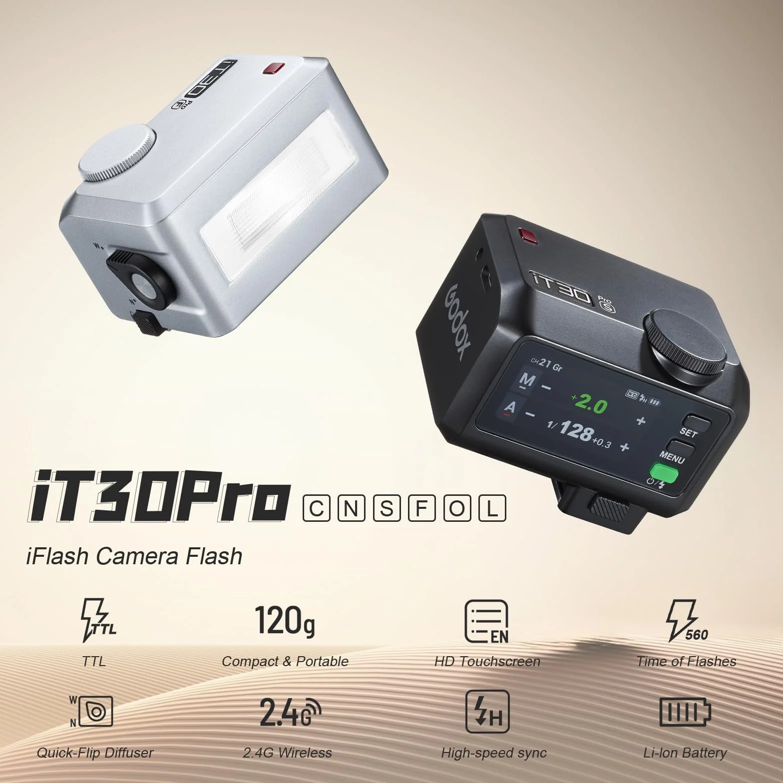 Godox iT30Pro-L iT30Pro L Mini lampa błyskowa do aparatu z białym dyfuzorem kompatybilny z Speedlite560 moc bezprzewodowa 2,4 GHz TTL ekran dotykowy do lustrzanek cyfrowych Leica (srebrny)