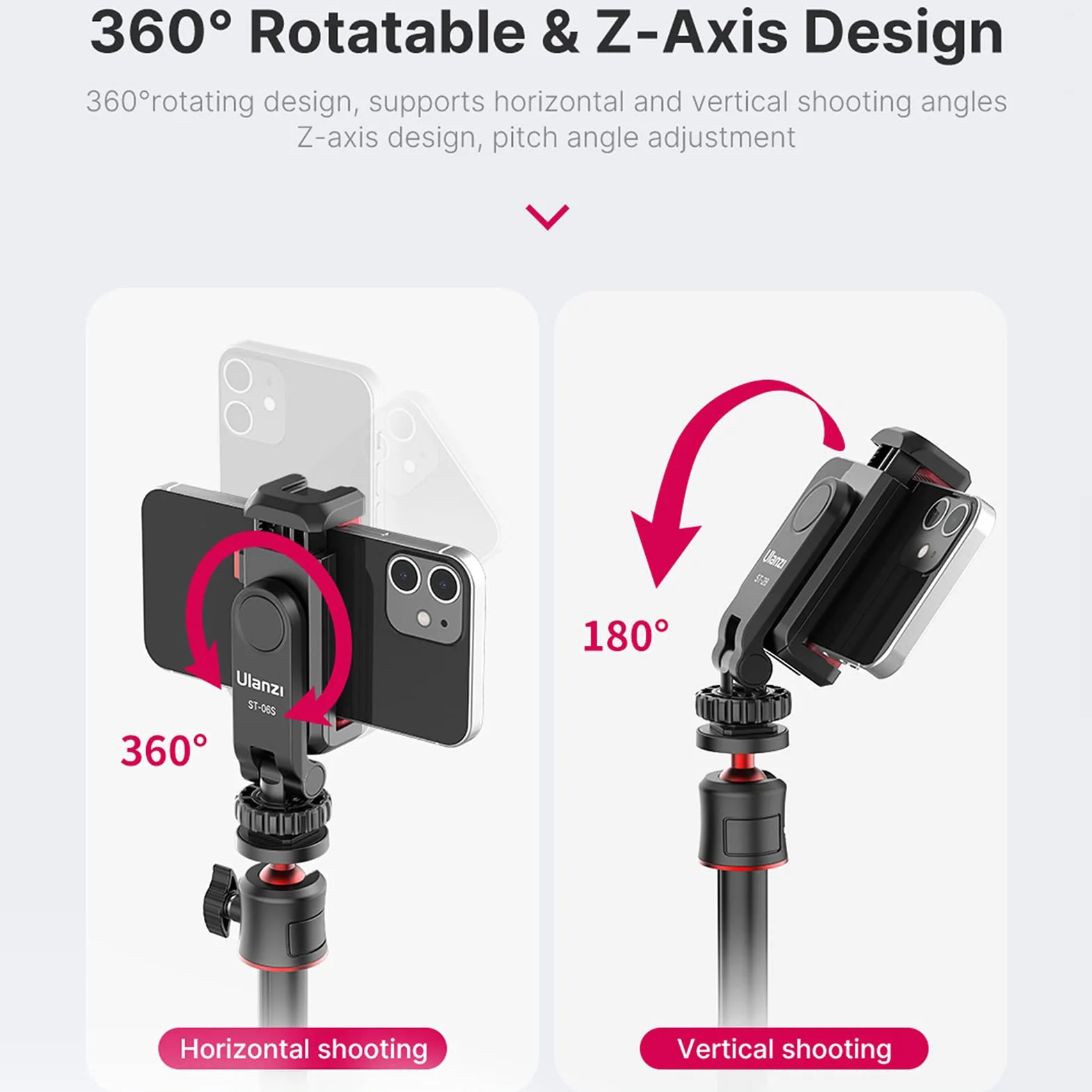 ST-06S wielofunkcyjny uchwyt na telefon, zacisk, uchwyt statywu, obracany o 360°, z dwoma uchwytami na zimne buty do smartfonów, vlog, selfie streamingu, nagrywanie wideo na żywo